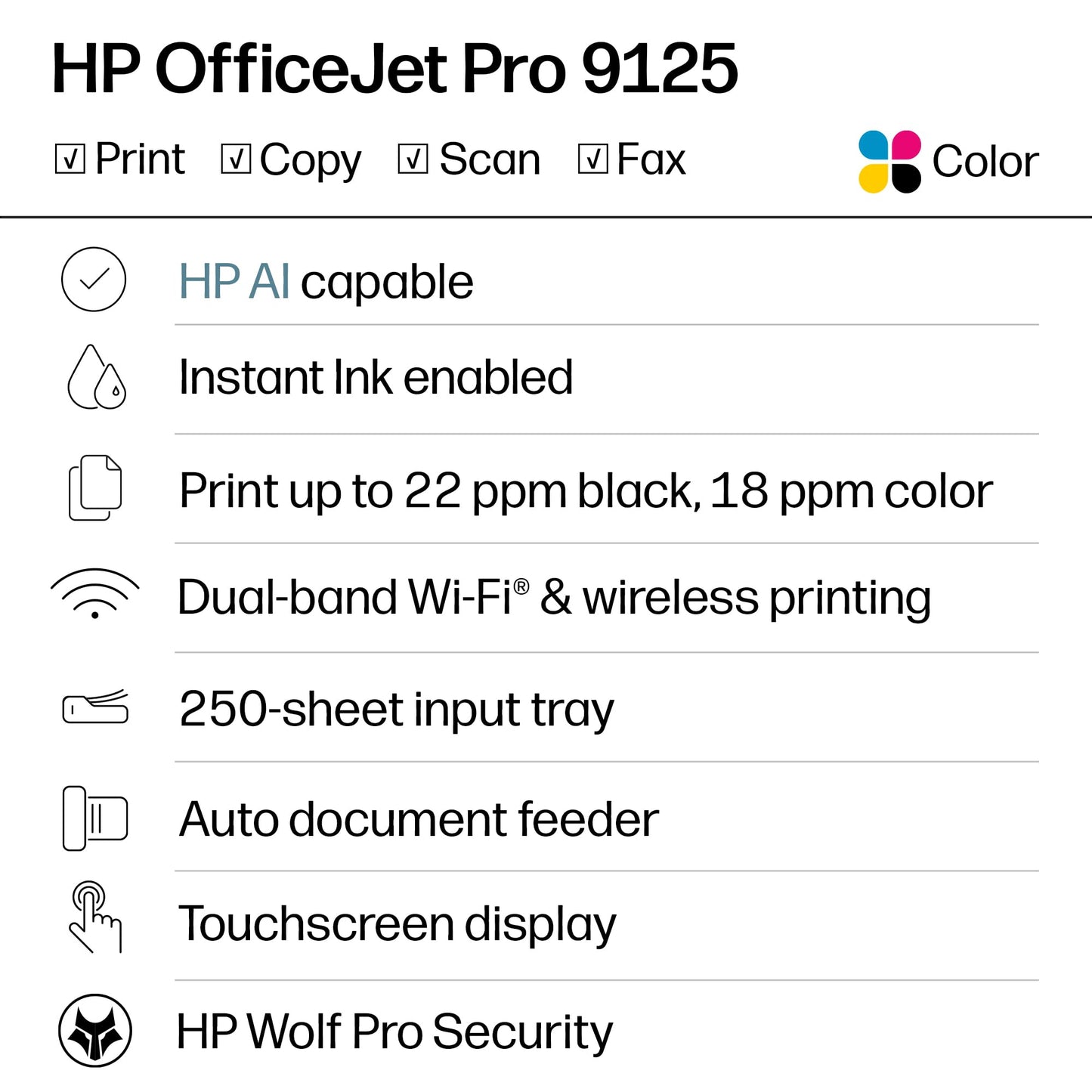 HP OfficeJet Pro 9125 Wireless All-in-One Color Inkjet Printer, Print, Scan, Copy, Fax, ADF, Duplex Print/scan, Best-for-Office, 3 Month Trial