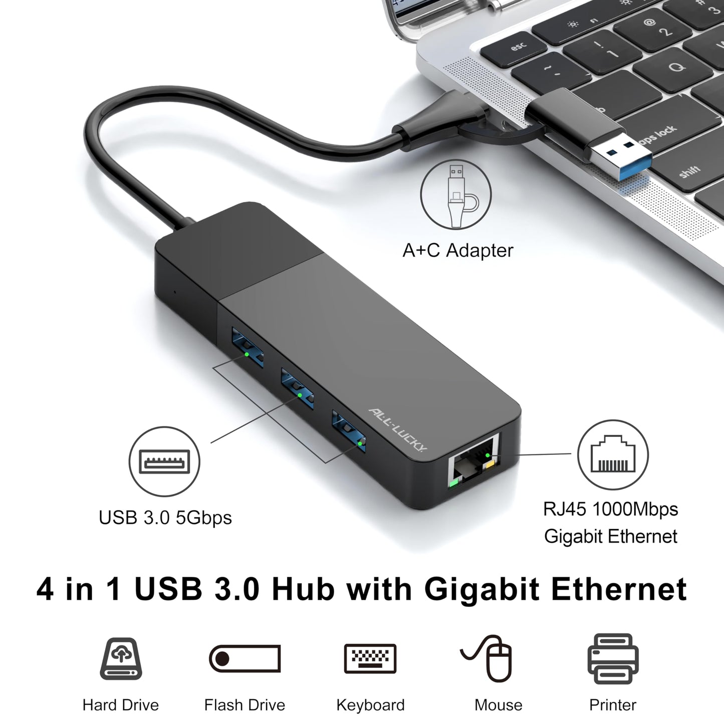ALL-LUCKY USB to Ethernet Adapter, 4 in 1 USB C to Ethernet Adapter Hub with 3 x USB 3.0 Port/Gigabit Internet Port, High-Speed Network Hub Compatible