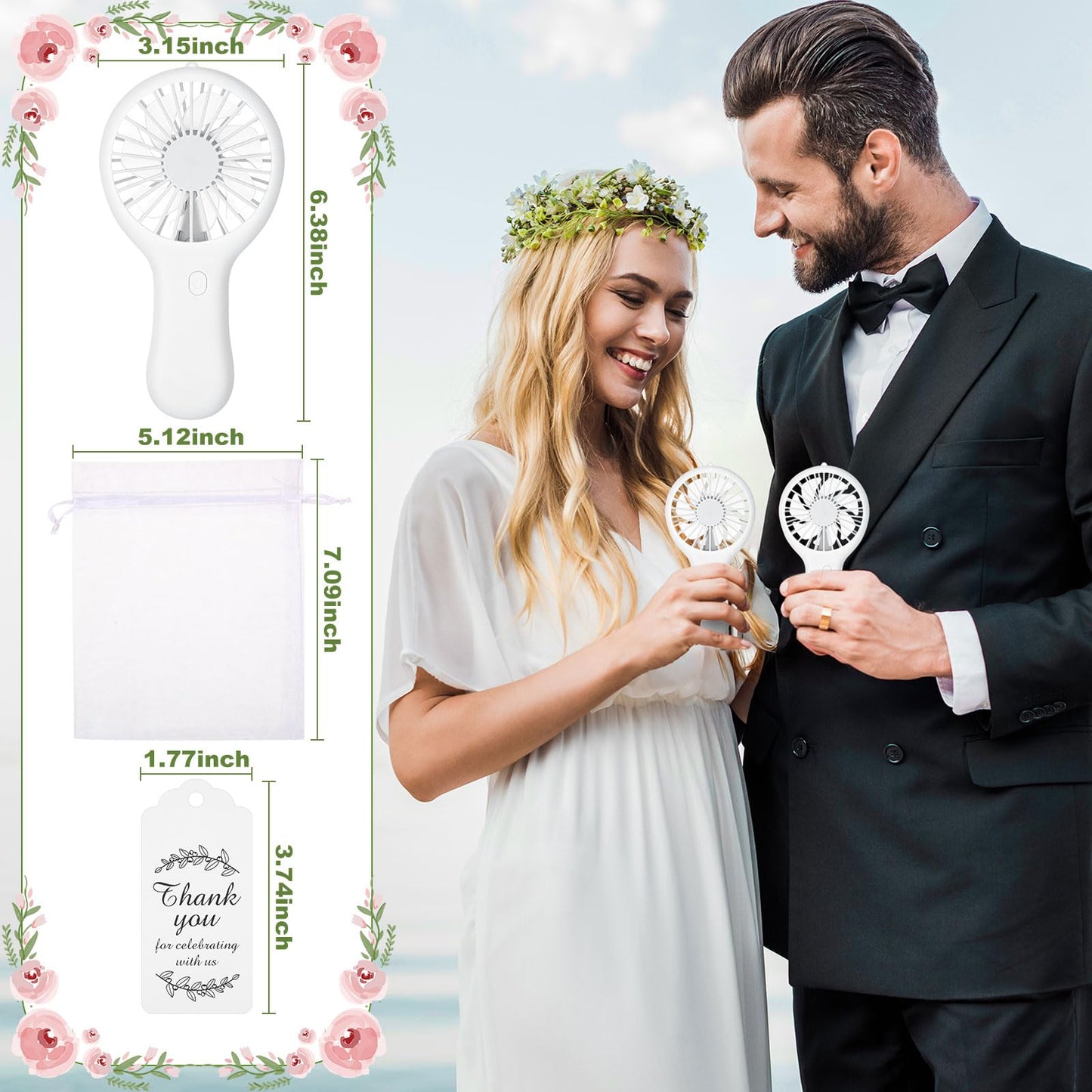 Mudder 20 Set Bulk Mini Fans for Wedding Guests 3 Speed Small Handheld Personal USB Wedding Travel Fan with Card Gift Bags for Bridal Party Gifts Baby