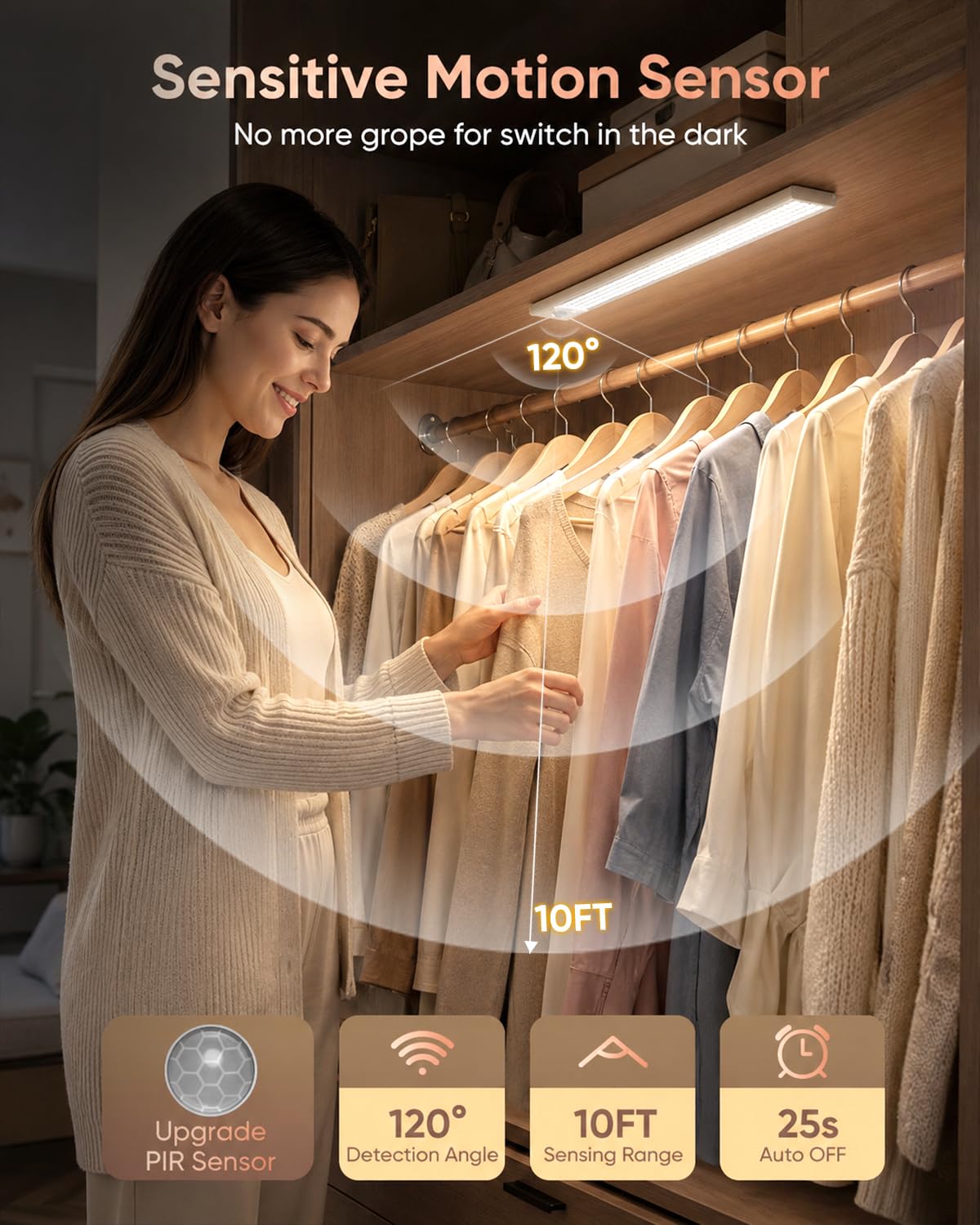16inch Under Cabinet Lighting, 216LED Motion Sensor Light Indoor, Rechargeable Closet Lights, 3 Color Temps, Dimmable, Wireless Under Counter Lights