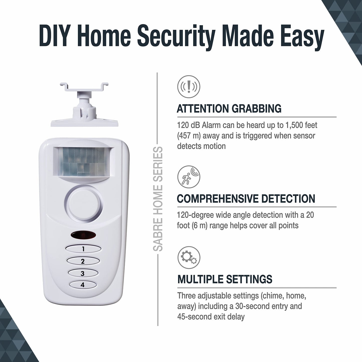 SABRE Wireless Motion Sensor Home Security Burglar Alarm with LOUD 120 dB Siren and 120 Degree Wide Angle Detection, DIY EASY Installation