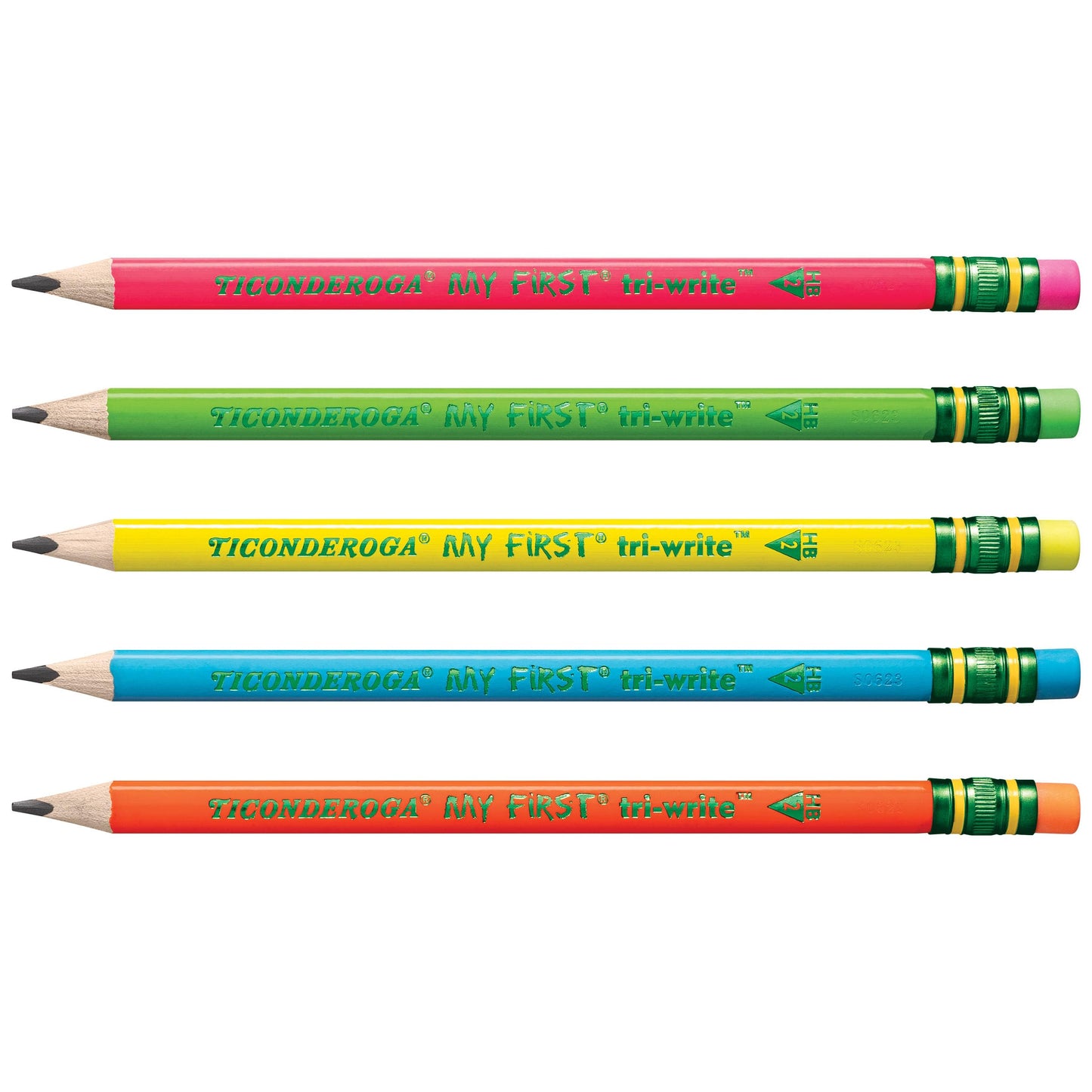 Ticonderoga My First Tri-Write Wood-Cased Pencils, Pre-Sharpened, 2 HB, With Erasers, Neon Colors, 12 Count