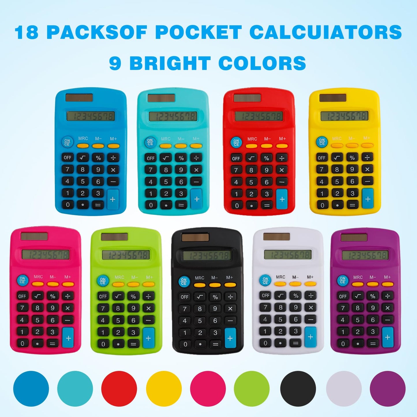Enjamyo 18 Pcs Pocket Calculator, Solar Battery Dual Power, Basic Calculators, Mini Colorful Basic Solar Battery Calculator, 8 Digit Display