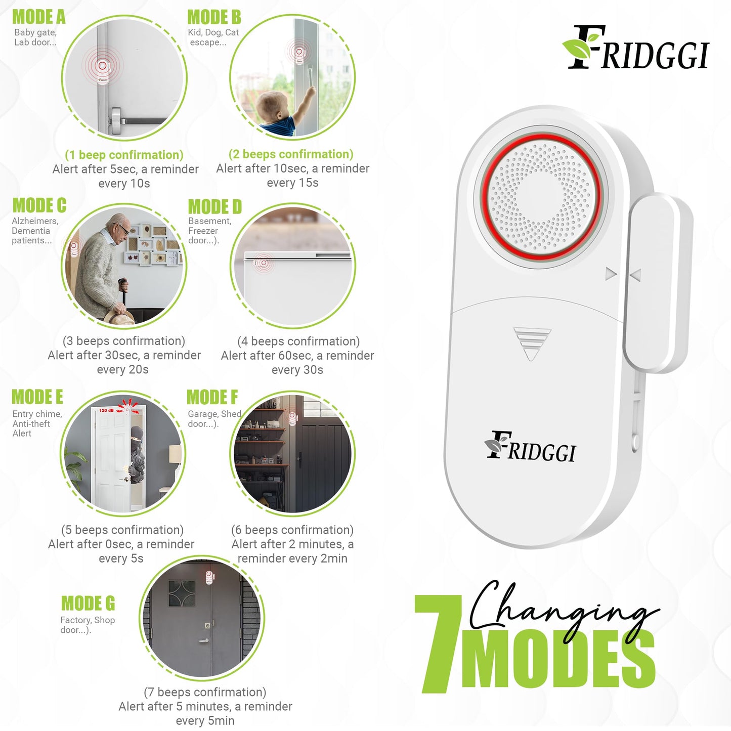 3-in-1 Alarm - Door Left Open Alarm, Doors Chime with Delay, 0/5/10/30/60 Seconds, 2/5 Minutes, Gate Ajar Alert, 80 to 120 dB, Close Door Reminder
