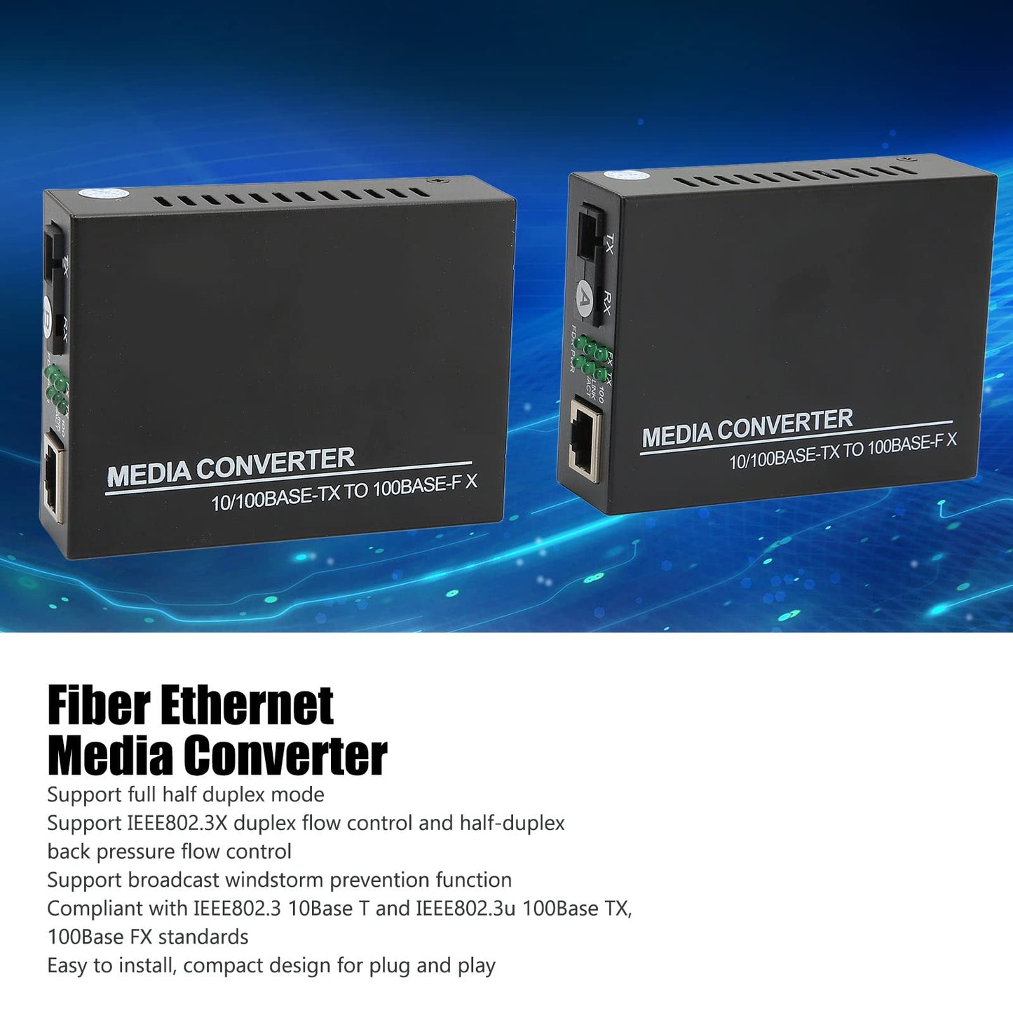 hoopoocolor Optical ethernet Media Converter, 10M 100M Adaptive Capability Full Half Duplex Mode, RJ45 Sc Up to 25Km, Optoelectronic Module Suitable
