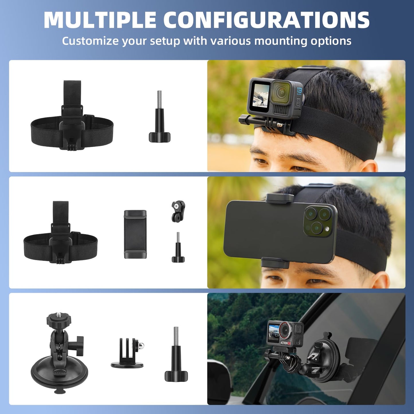 Flymile Chest Harness Mount Kit for GoPro, Head Strap Body Mount & Suction Cup Holder for iPhone, for Insta360 X5/X4, for DJI Osmo Action 5/Pocket