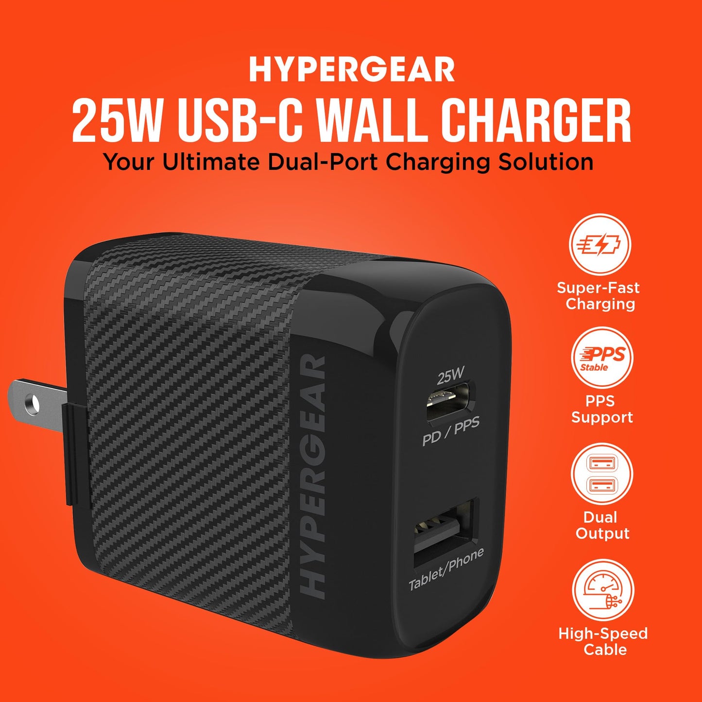 HyperGear SpeedBoost 25W Dual Phone Charger, Type C Charger for Fast Charging with 6 ft Cable, 25W USB-C and 12W USB Wall Kit with PD PPS, Compatible