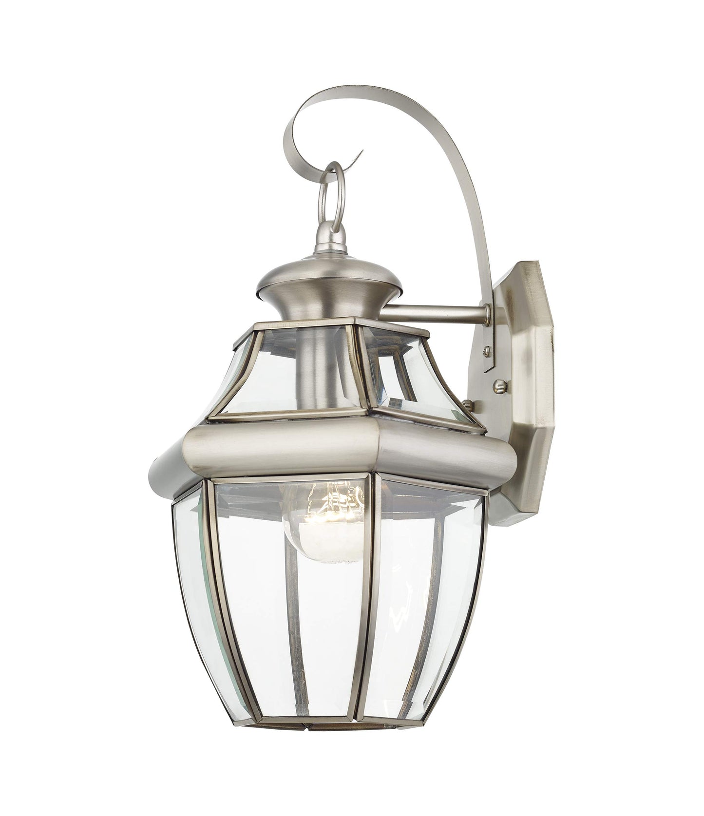 Livex Lighting 2151-91 Monterey 1 Light Outdoor Brushed Nickel Finish Solid Brass Wall Lantern with Clear Beveled Glass 13" x 8.5" x 8.25"