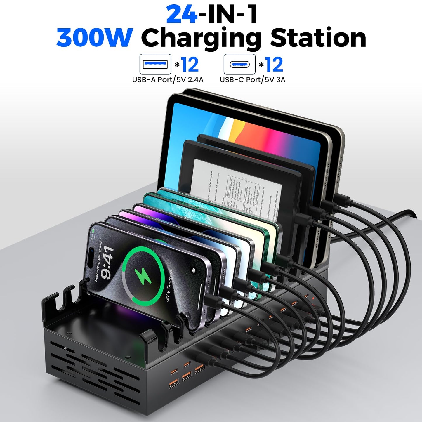 300W USB Charging Station for Multiple Devices, 24 Port USB C Fast Charging Station, Multi Device Charger Station Organizer Compatible with Tablet