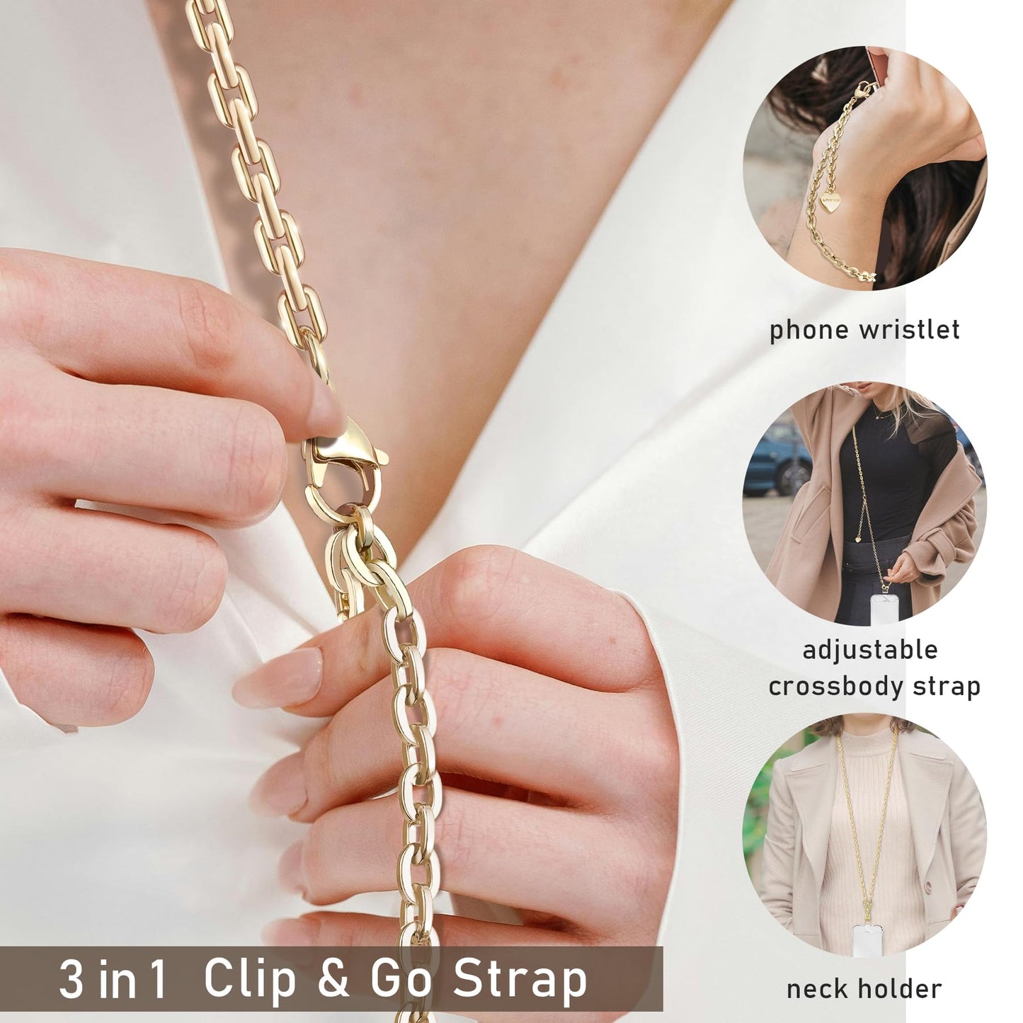 UKON Crossbody Phone Strap, 3 in 1 Phone Lanyard with Metal CellPhone Chain Wristlet Adjustable Crossbody Lanyard Neck Strap For iPhone Case