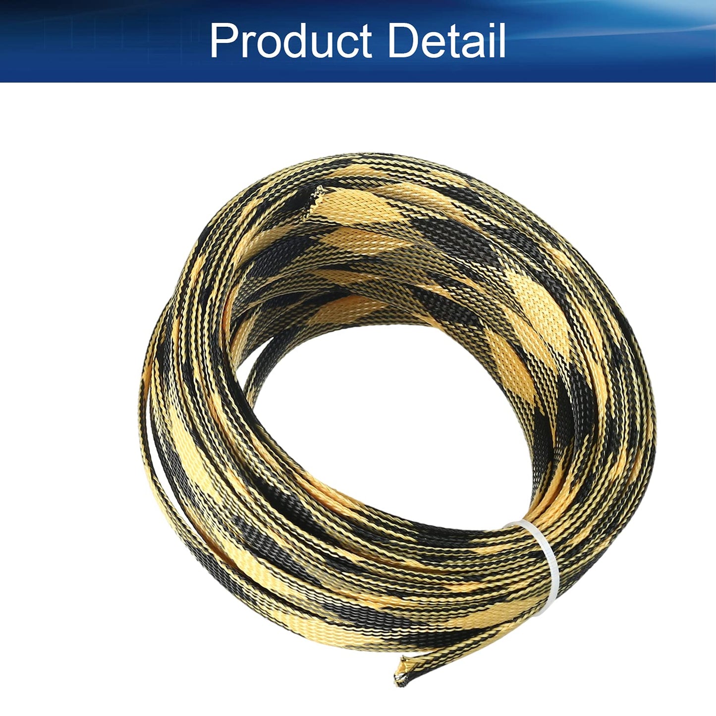 Bettomshin 1Pc 32.8Ft(10m) Cable Management Sleeve, 1/2"(12mm) Width PET Black & Yellow Cord Protector, Wire Loom Tube Insulated Split Sleeving