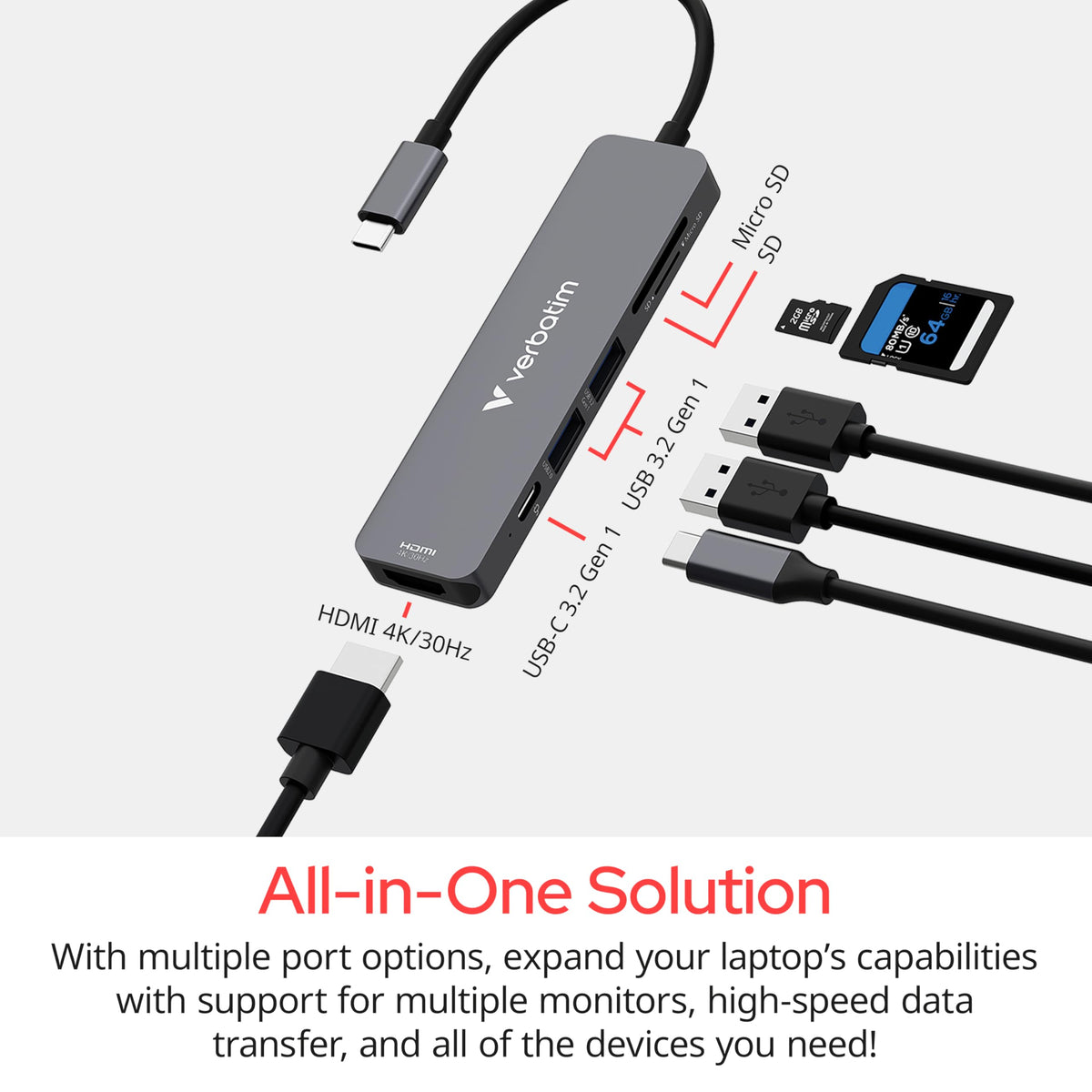 Verbatim Essentials 6-Port USB-C Hub, 4K HDMI, 100W PD, SD/microSD
