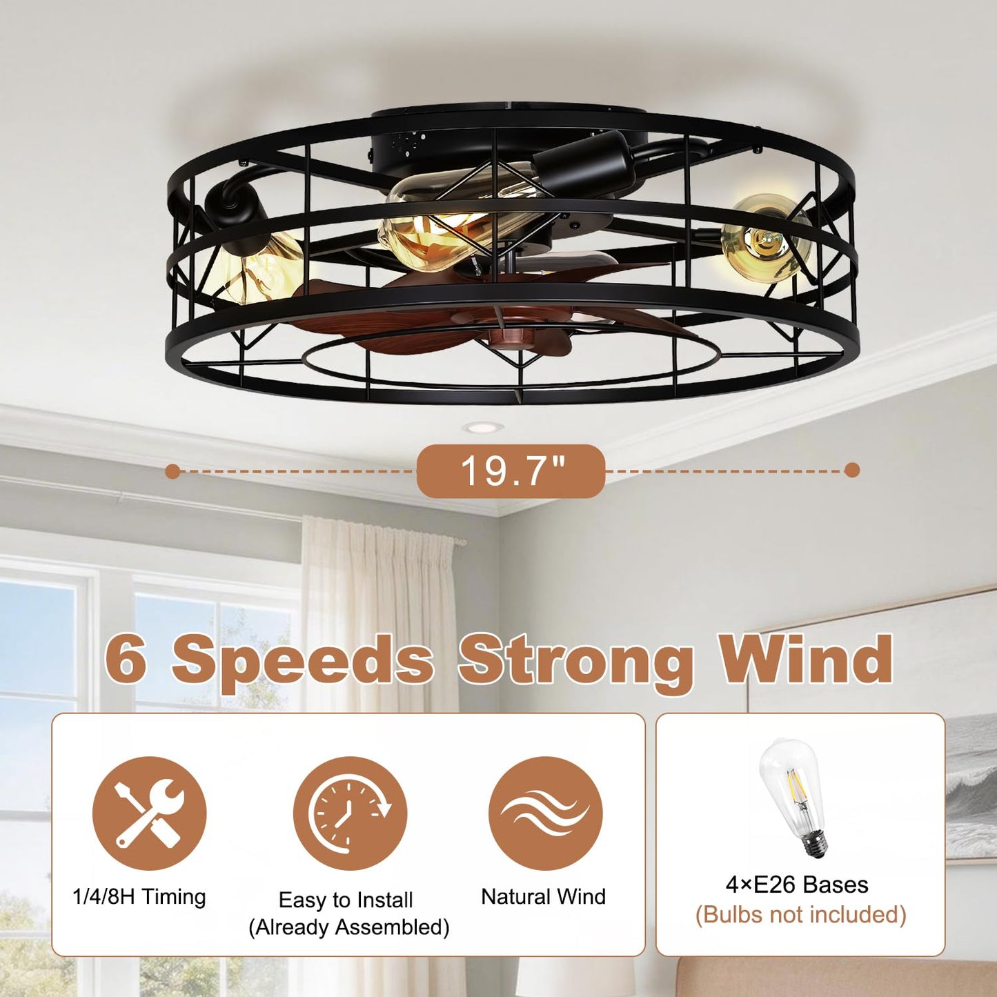 TCL 24" Black Caged Low Profile Ceiling Fans with Lights & Remote