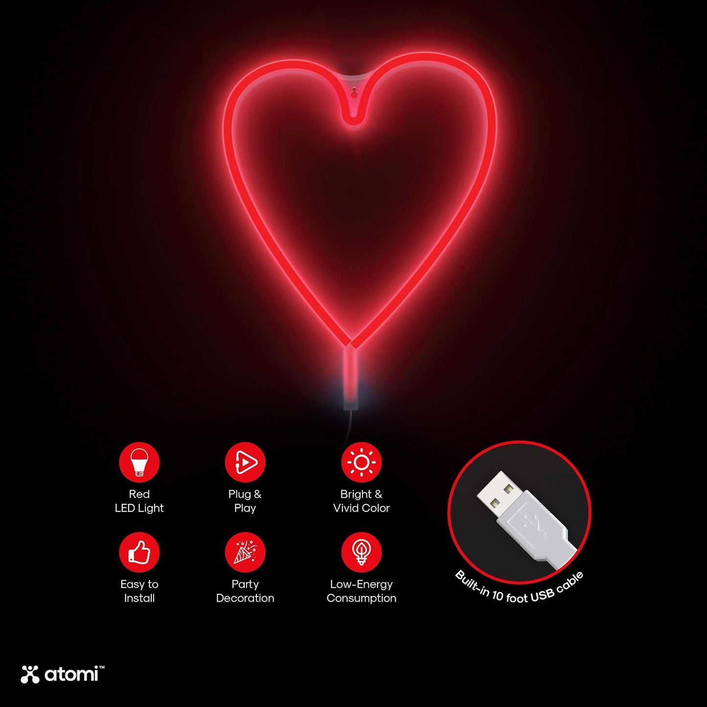 Atomi Smart Neon LED Light I Decorative Wall Art for Bedrooms, Bars & DIY Designs I USB Powered, 10 ft Cord - Red Heart