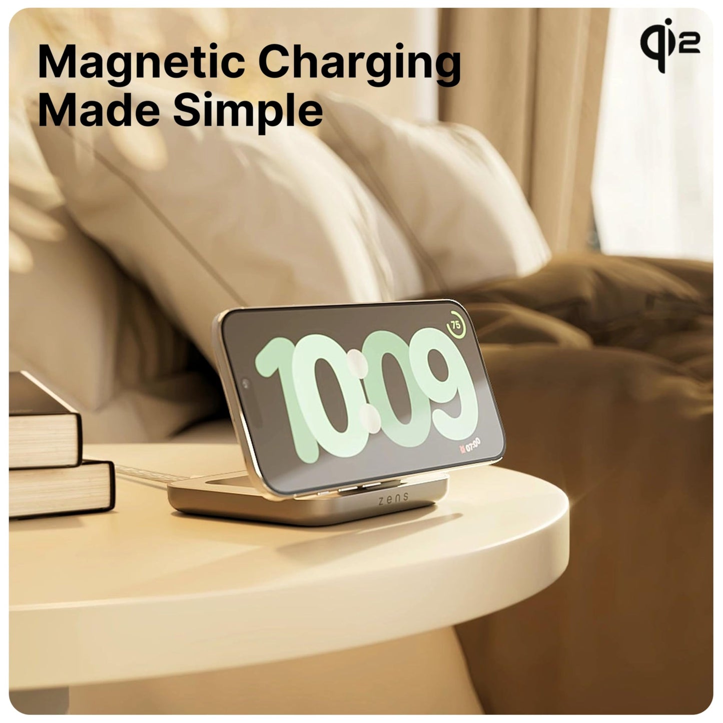 Zens Magnetic Nightstand Charger | MagSafe Qi2 15W | Landscape Only (No Vertical) | Standby Mode | Compatible with iPhone 17/16/15/14/13/12 | 20W