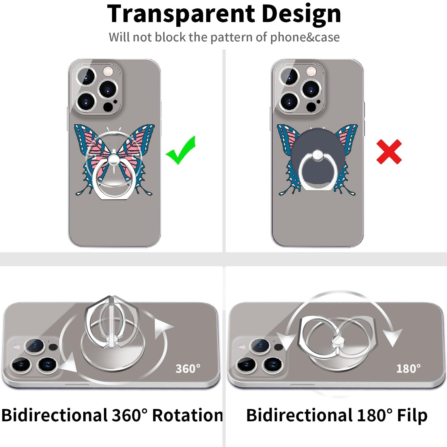 TACOMEGE Clear Cell Phone Grips Holder, Transparent Finger Ring Kickstand for Smartphone Tablet Case Accessories(Round)(1)