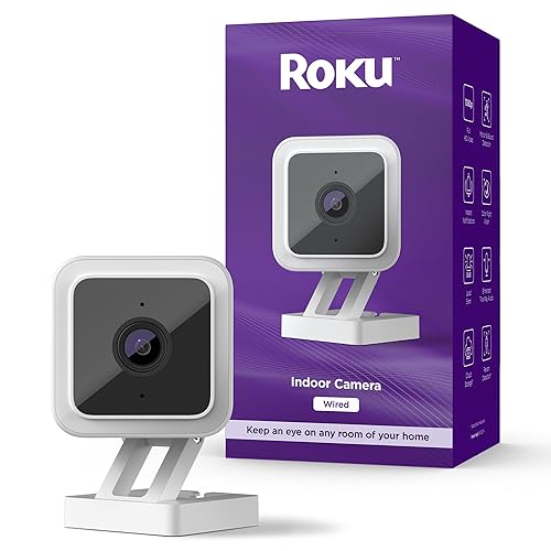 Roku Indoor Camera for Home Security, 1-Pack - Wired Security Camera with 1080p HD Color Night Vision, Works with Alexa & Google, Motion & Sound