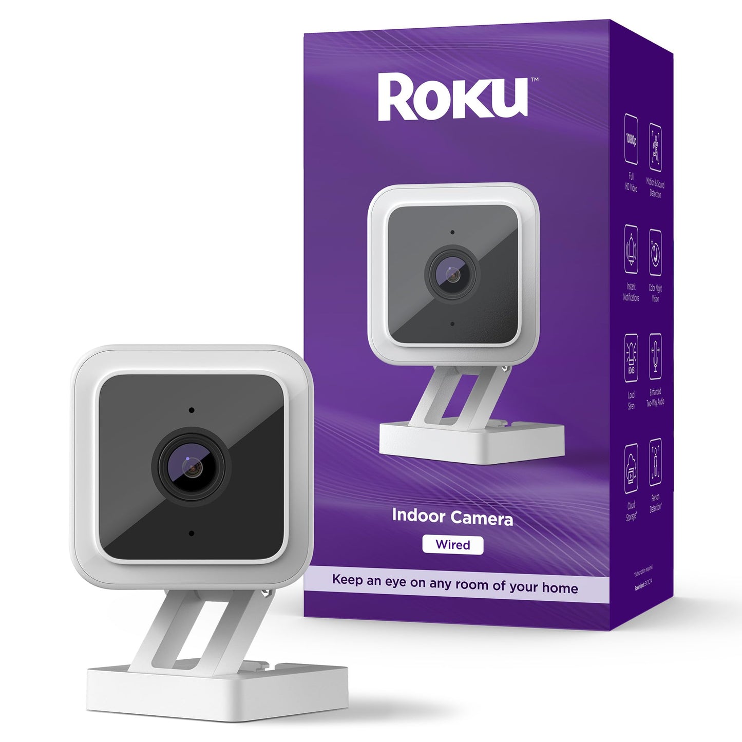 Roku Indoor Camera for Home Security, 1-Pack - Wired Security Camera with 1080p HD Color Night Vision, Works with Alexa & Google, Motion & Sound