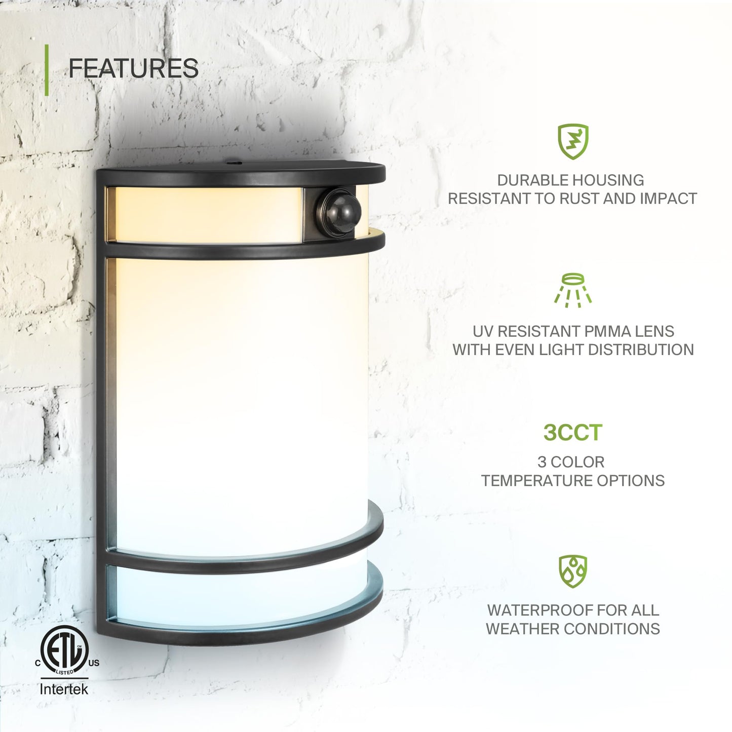 ASD 10 Inch Motion Sensor LED Outdoor Sconce Lights - 15W 120-277V 3000K 4000K 5000K Black Exterior Lighting Fixtures, Dimmable Exterior Lights