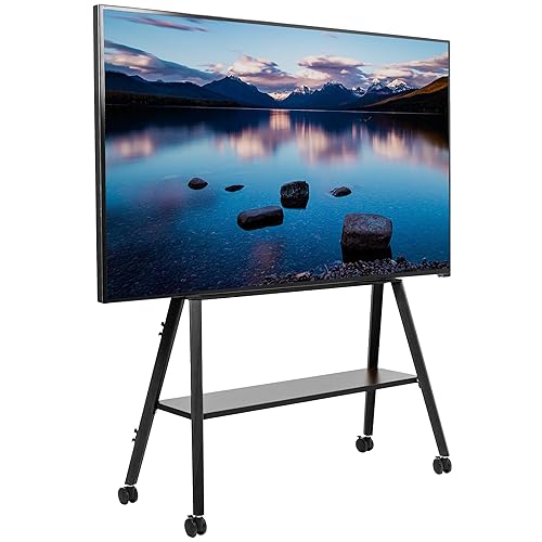 VIVO Rolling Artistic Easel 43 to 75 inch LED LCD Screen Mobile Studio TV Display Stand, Wood Accessory Shelf, Adjustable TV Mount with 4 Legs, Black