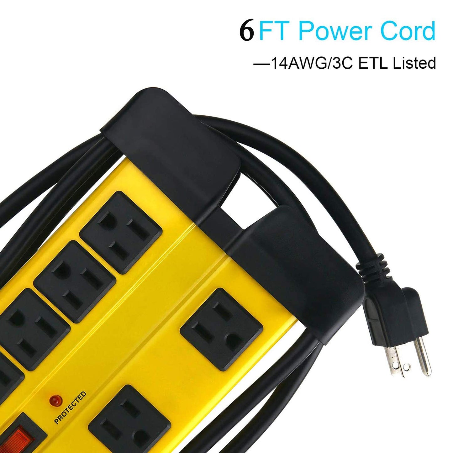 CCCEI Heavy Duty Surge Protector - 8 Outlet Power Strip with 1200 Joules, Metal with 6FT Extension Cord and Wide Spaced, Yellow