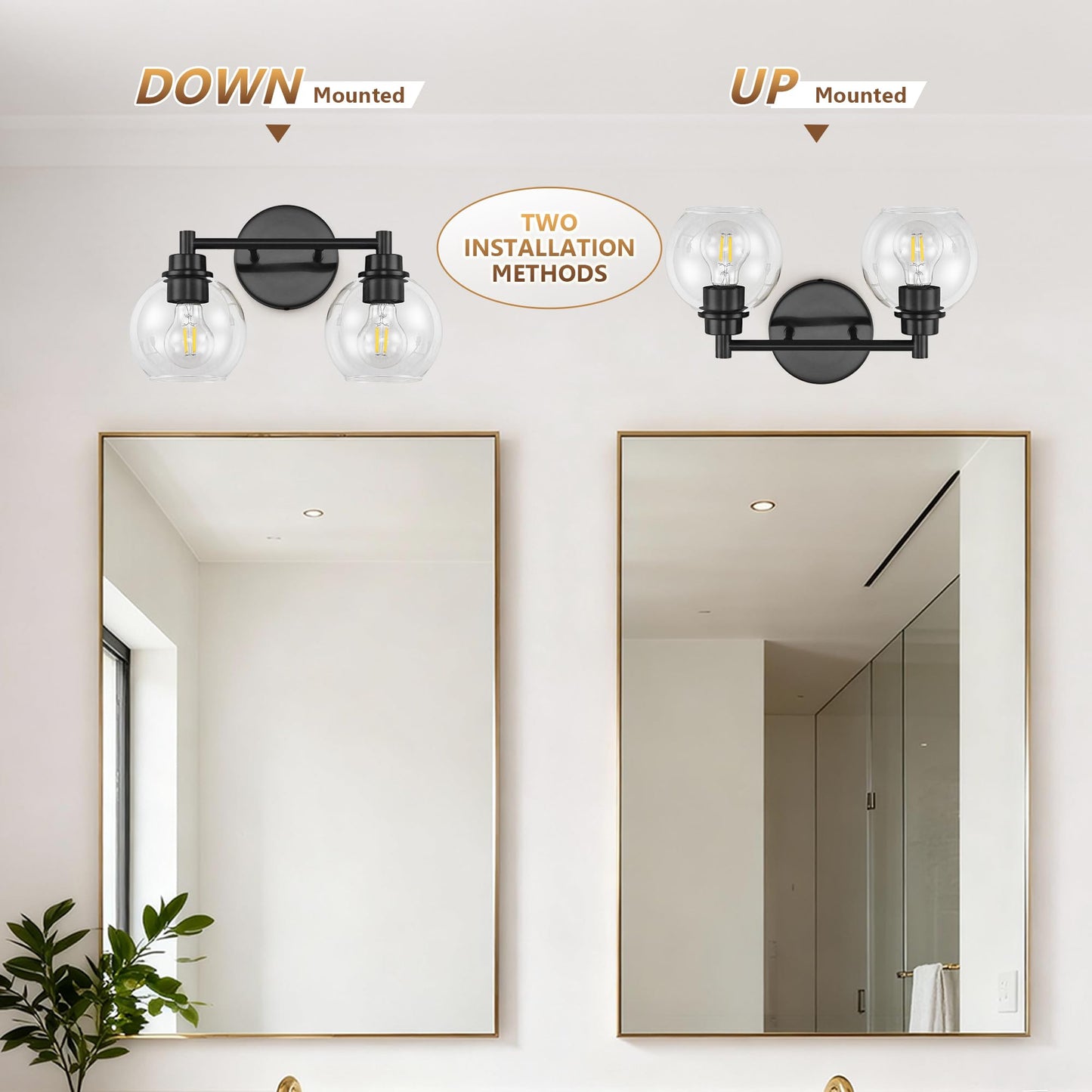 Bathroom Light Fixtures, Vanity Lights for Bathroom 2-Light Black, Bathroom Lighting Fixtures Over Mirror with Clear Glass Globe Shade, Bathroom