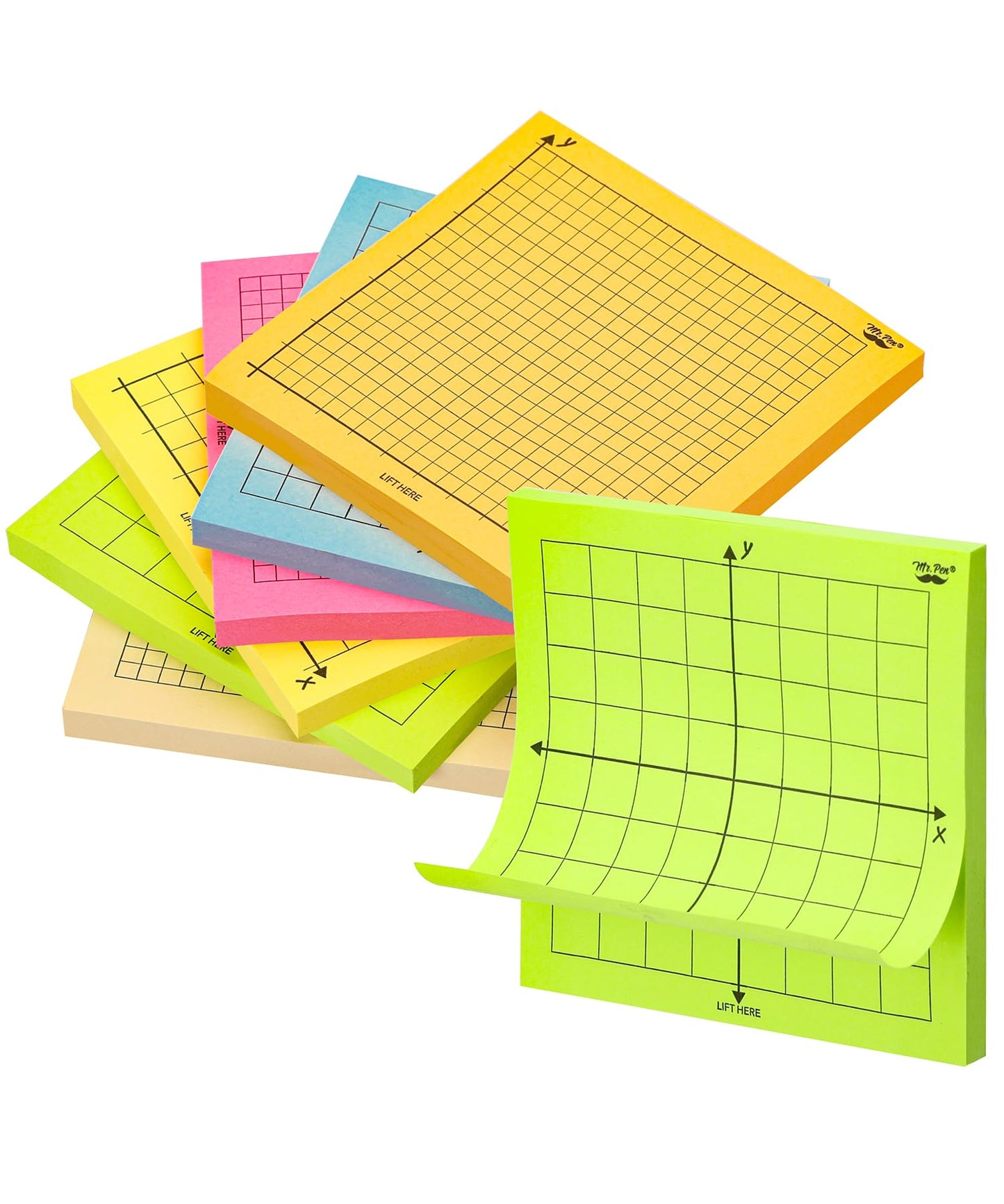 Mr. Pen- Graph Sticky Notes, 3x3 Inch, 6 Pads, 50 Sheets/Pad, 300 Sheets | 6 Grid Designs, Bright Colors, Square Graph Paper Notes, Grid Sticky Note