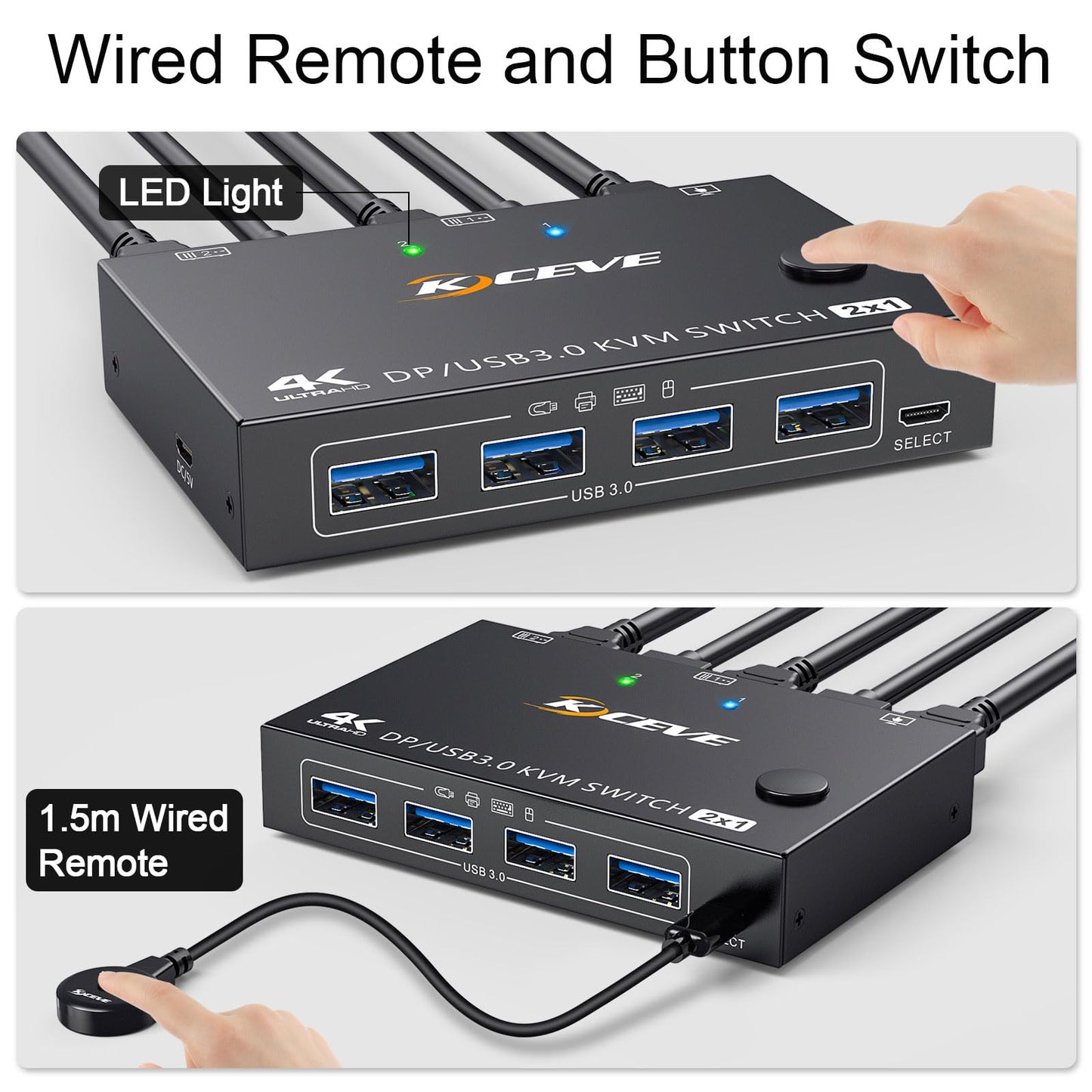 KCEVE KVM Switch 1 Monitor 2 Computers Displayport, USB 3.0 KVM Switch Displayport for 2 Computer Share 1 Monitor and 4 USB Devices, 4K@144Hz