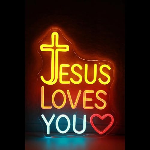 Jesus Loves You Neon Sign with Cross and Heart - LED Light Up Wall Decor for Home, Church, Wedding, Youth Room, Party Decorations