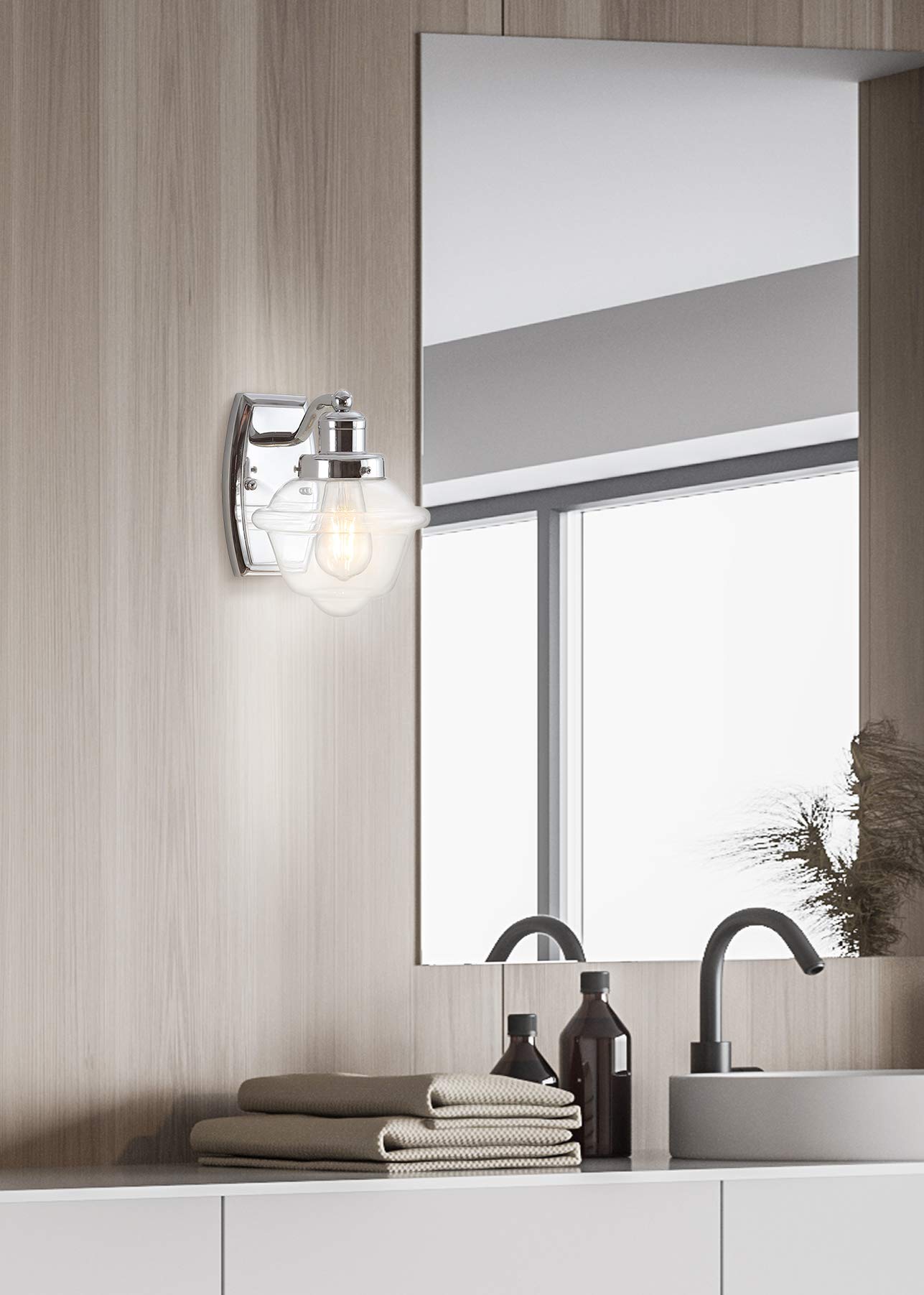 JONATHAN Y 7" Chrome 1-Light Schoolhouse LED Vanity Light, Mid-Century Wall Sconce for Bathroom Kitchen Hallway, Clear Glass Shade, 2700K LED Bulb