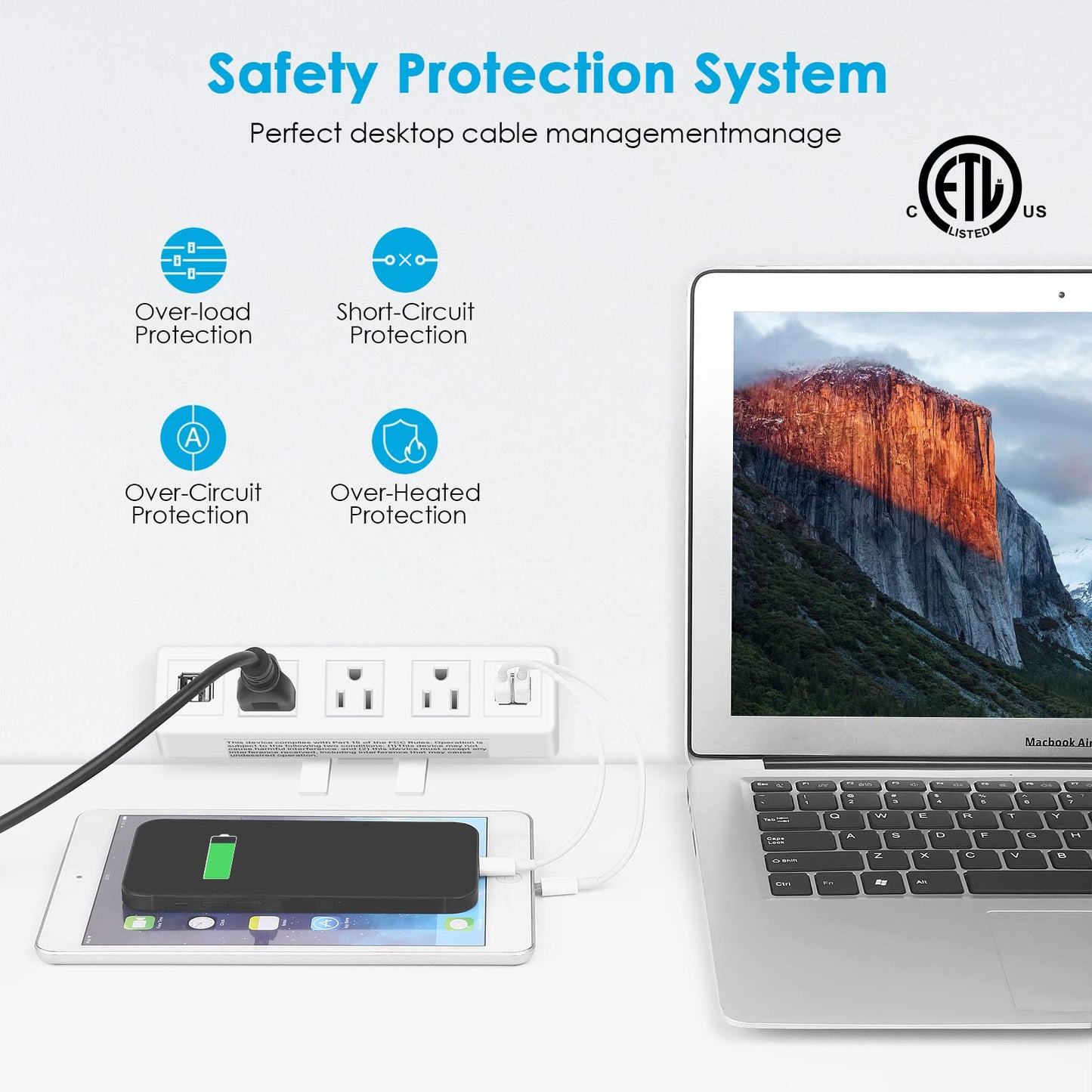 3 AC Outlet Desk Clamp Power Strip White, Desk Mount USB Charging Power Station, Removable Desktop Edge Power Center Plugs Output 125V/60HZ/12A/1500W