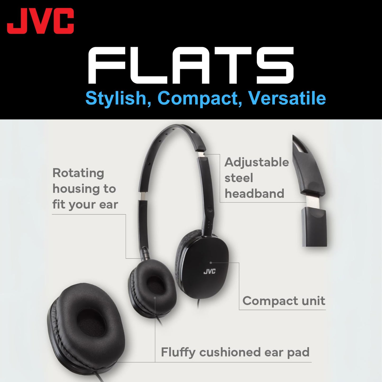JVC Flats On-Ear Wired Headphones - Flat Foldable Design - 30mm Driver for Powerful Sound - Soft Ear-Pads for Comfort - Steel Headband - Lightweight…
