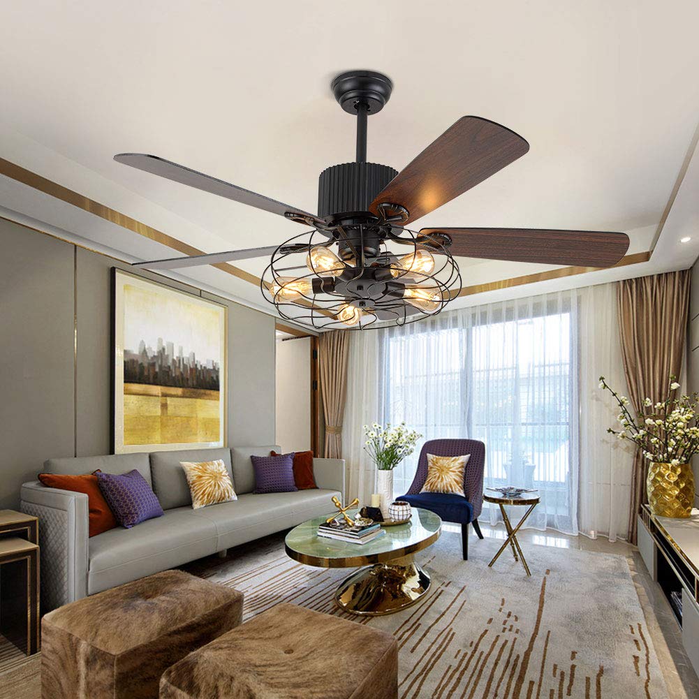 WUPYI 52 Inch Black Ceiling Fan with LED Light and Remote Control,Creative Design Chandelier Fan Light with 5 Wood Reversible Blades Black Metal
