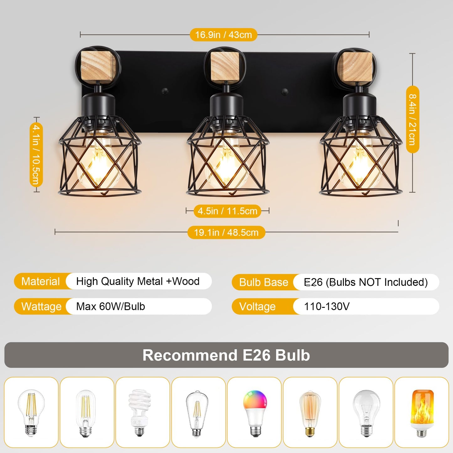 3-Light Farmhouse Bathroom Vanity Light Fixture Over Mirror, Rustic Wood & Black Metal Cage Bathroom Wall Light, E26 Vanity Lighting for Bathroom