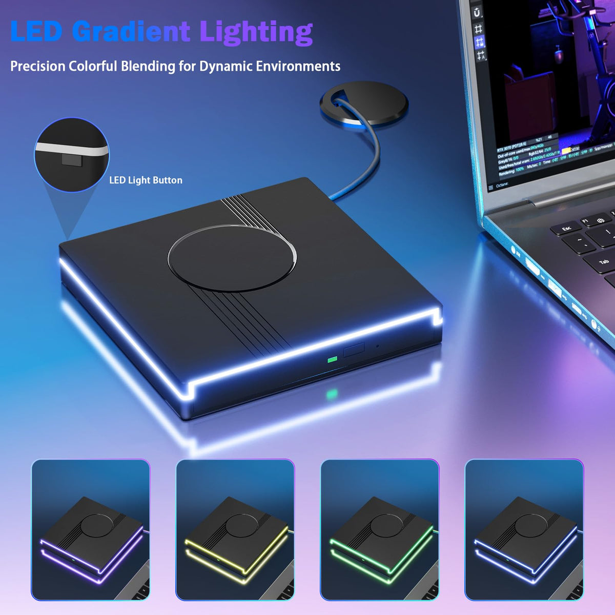 Wbacon RGB External CD/DVD Drive for Laptop, External CD Drive USB 3.0 Type-C Portable DVD Player, CD Burner +/-RW Optical Drive, Slim CD ROM External