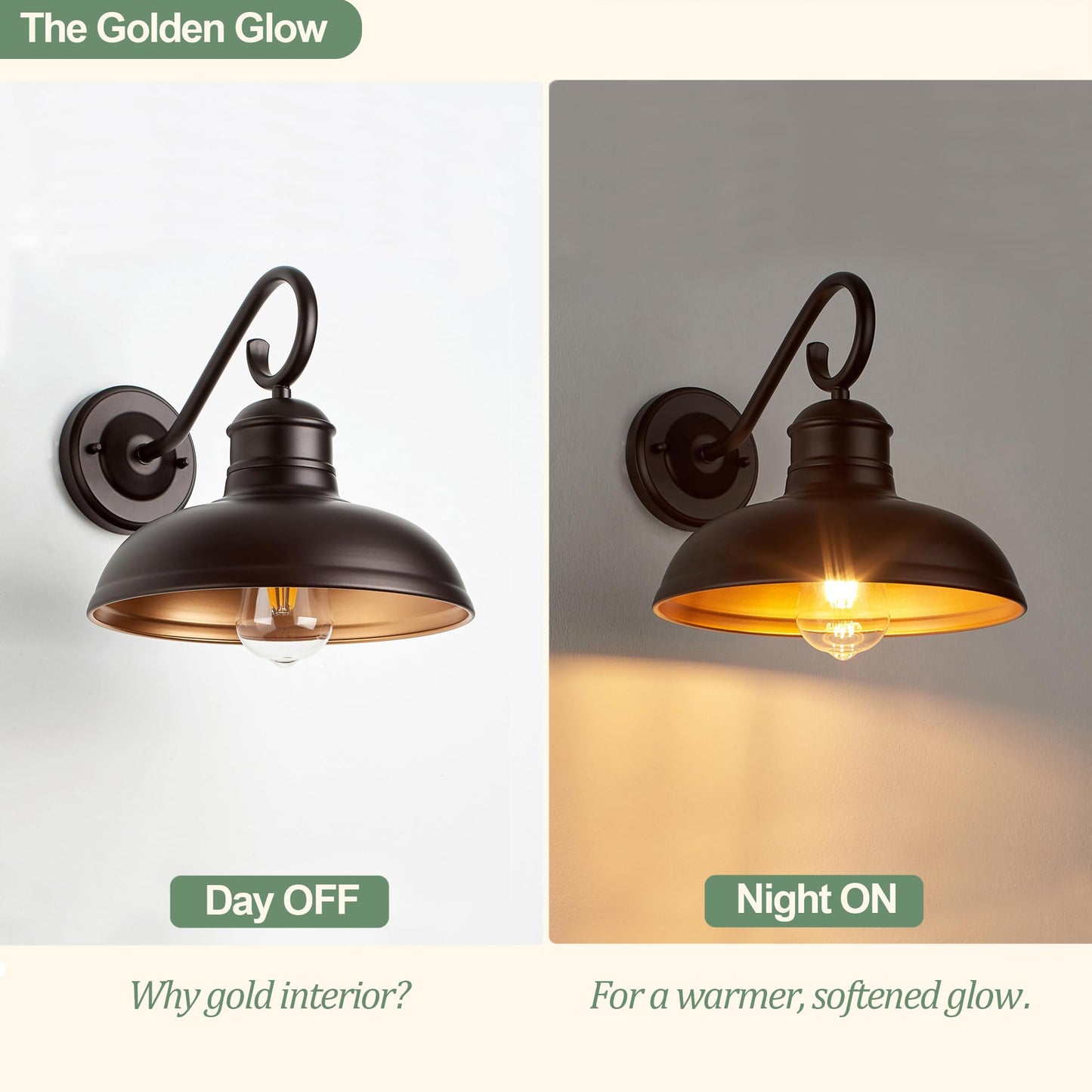 GOLDHILL 10 Inch Farmhouse Gooseneck Barn Light with Gold Interior 1 Pack, Oil Rubbed Bronze Rustic Outdoor Wall Sconce for Garage Porch Bathroom