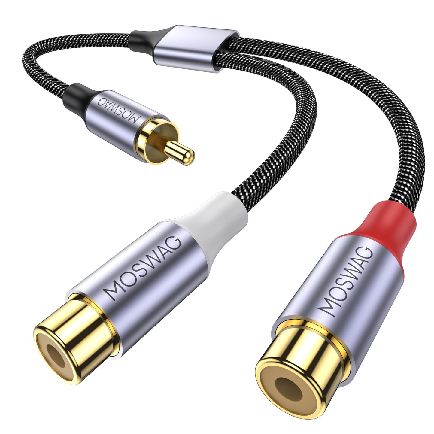 MOSWAG 1 Male to 2 Female RCA Splitter, RCA Y Splitter Cable Audio Video Splitter Adapter Extension Cord Compatible with subwoofers, Speakers, Home