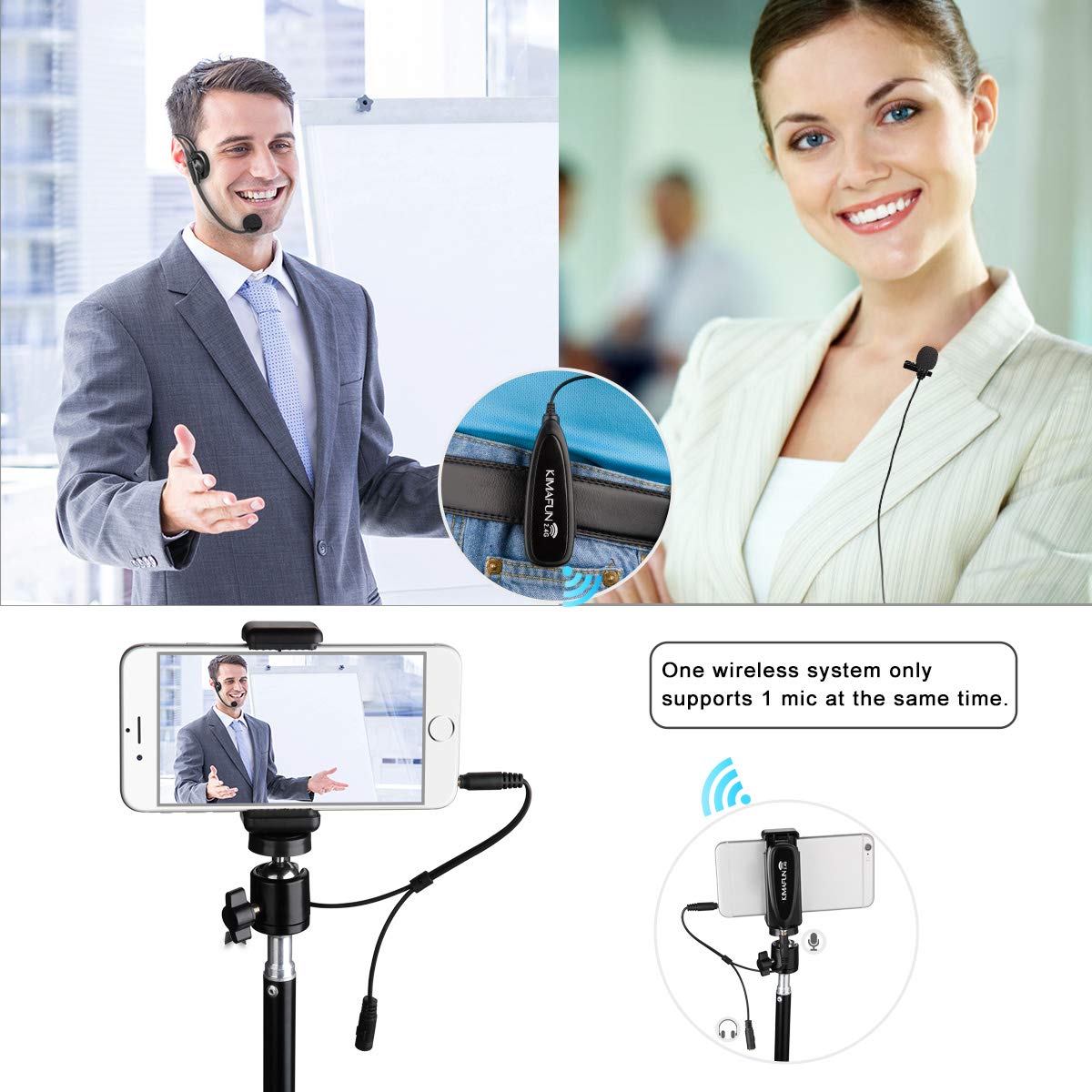 KIMAFUN Wireless Microphone System, 2.4G Wireless Headset and Lavalier Lapel Microphones for iPhone, Android Phone, Laptop and Speaker, Designed for