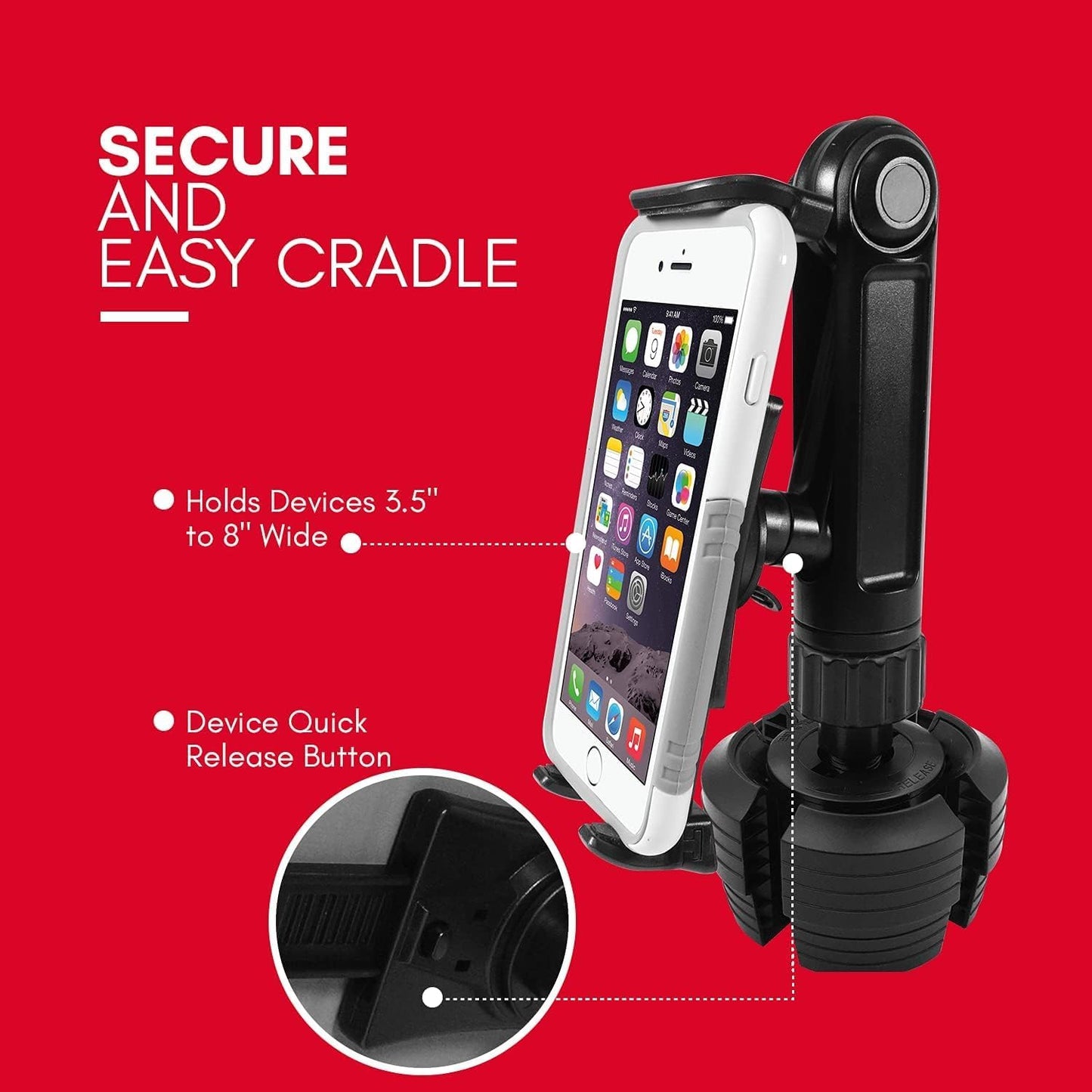 Macally Cup Holder Tablet Mount - Heavy Duty iPad Cup Holder Car Mount Stand or Tablet Holder for Car, Truck, and Vehicle - Fits Devices 3.5" - 8”