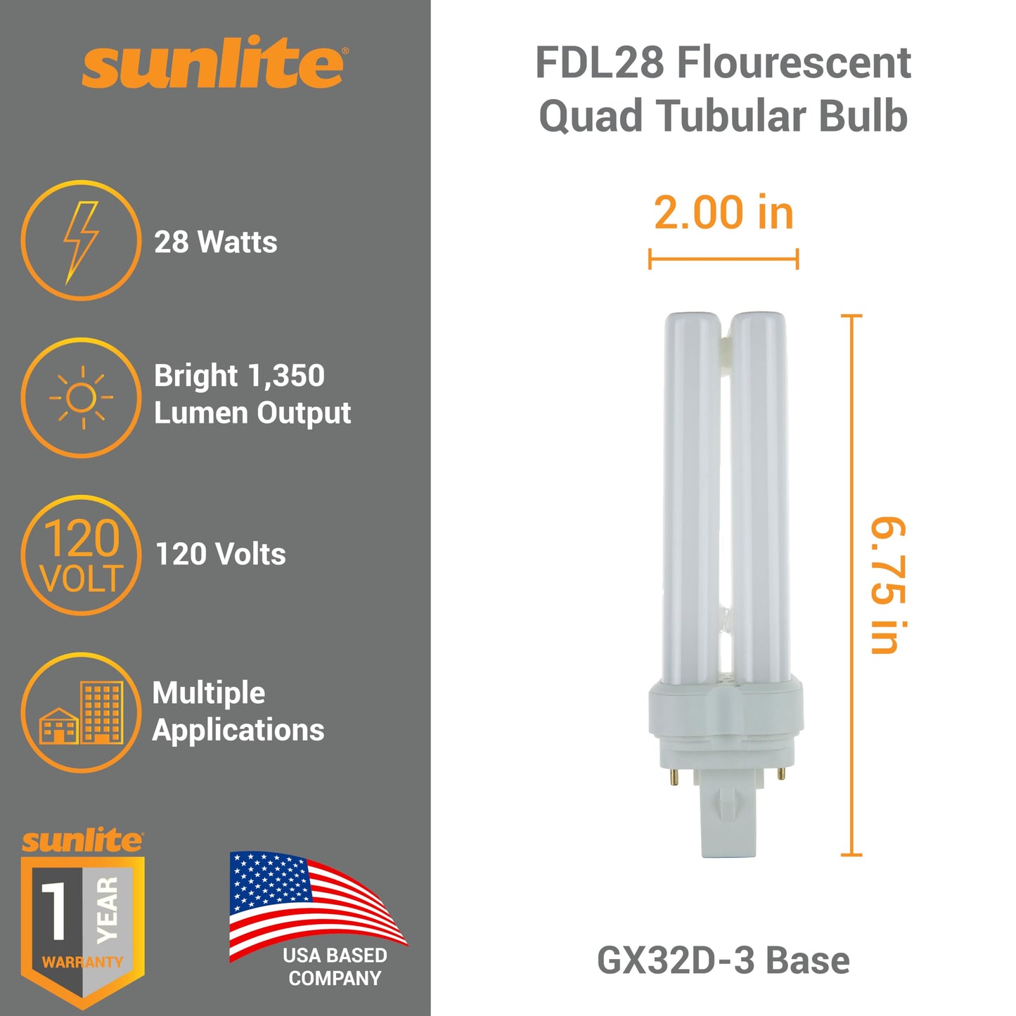Sunlite FDL28 Fluorescent Quad Tube Plug-in Bulb, 28 Watt, 10,000 Hour Life Span, GX32D-3 Base, 1350 Lumens, for Fluorescent Ceiling Fixtures, Lamps