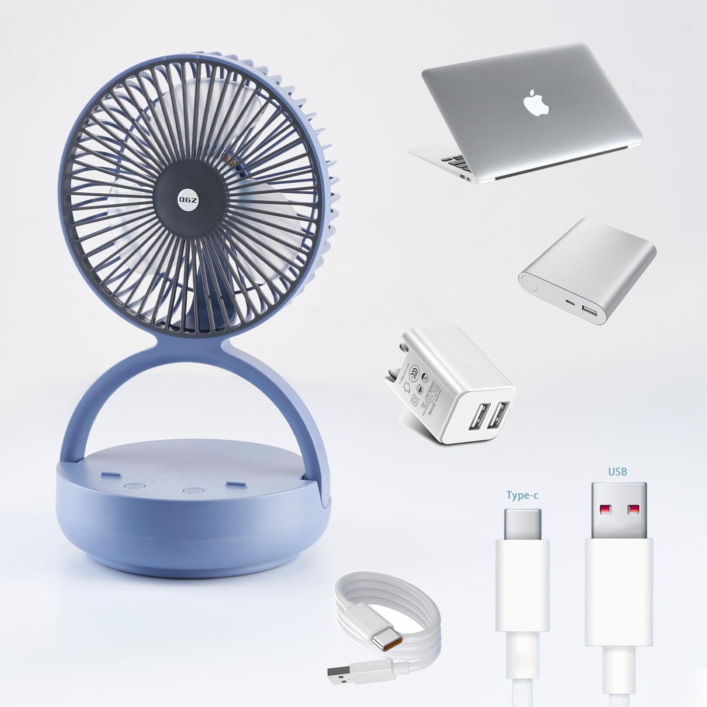OGZ Portable Fan for Travel I 7 Inch Small Desk Fan Rechargeable Air Circulator I 180° Oscillating Personal Fan For Beside Office Desktop RV Dorm