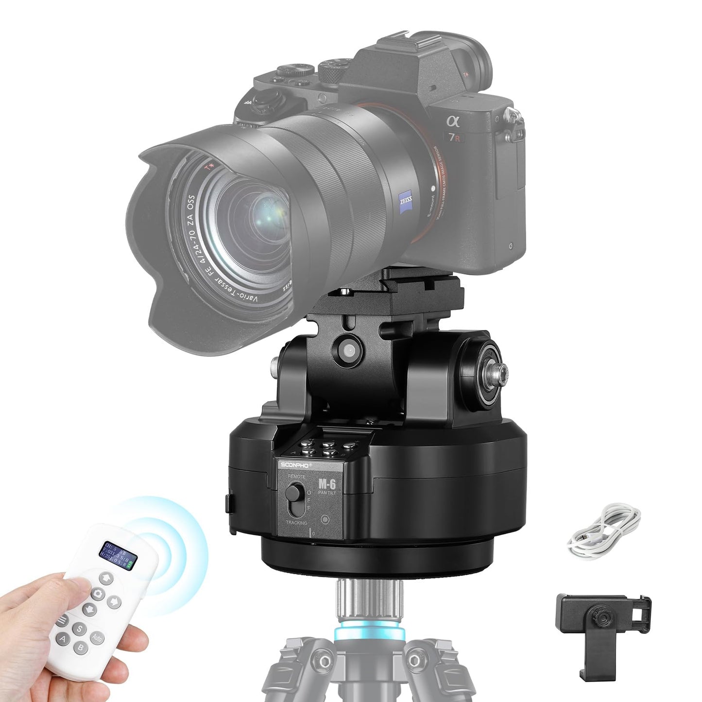 Soonpho M6 Auto Face Tracking Motorized Rotating Panoramic Tripod Head, Remote Control 360° Pan Tilt Head with Mobile Phone Clip for DSLR Cameras