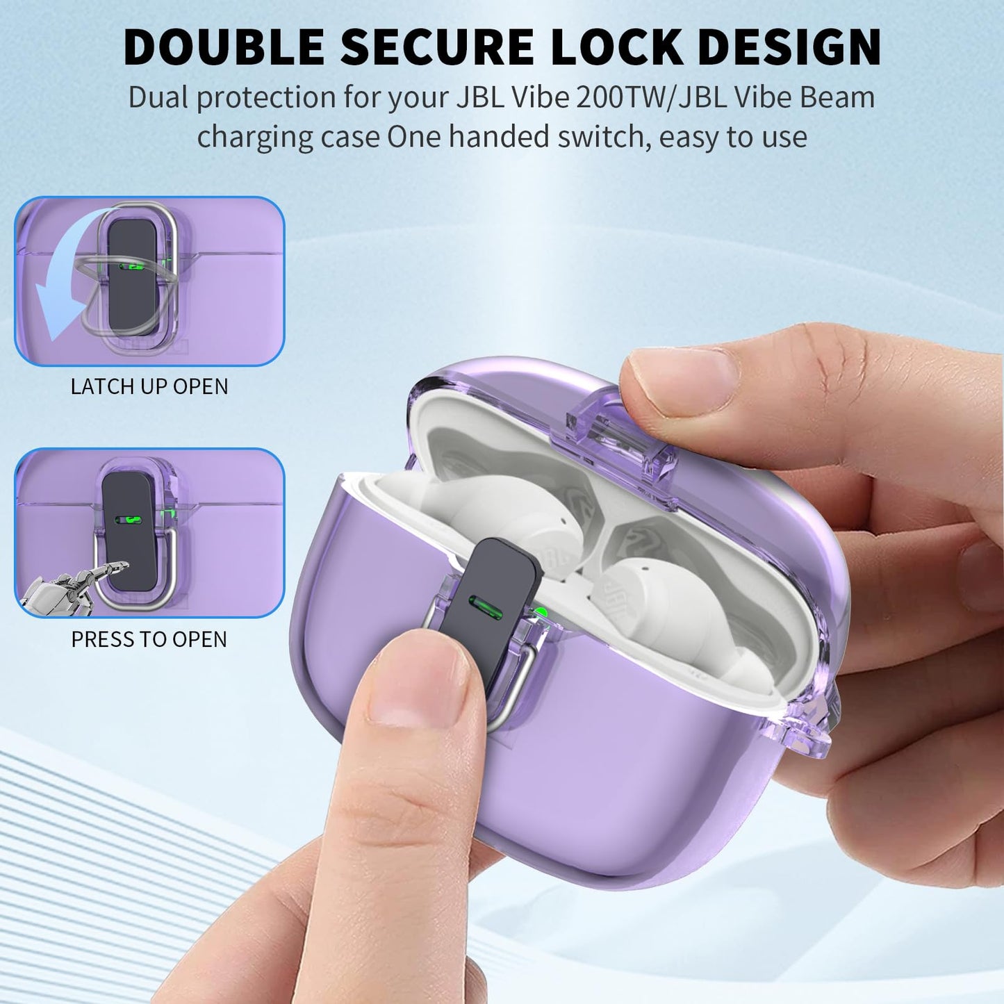 Transparent TPU Protective Cover with Carabiner for JBL Vibe Beam 2 Charging Case, Compatible with JBL Vibe 200TWS/JBL Vibe Beam/Beam 2 Lock Clip Case