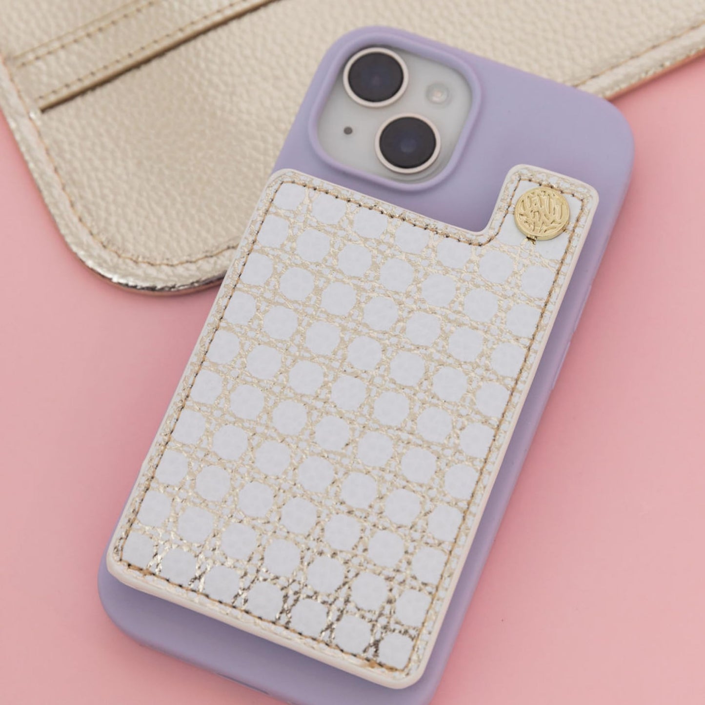 Lilly Pulitzer Phone Pocket, Card Holder for Phone Case with Button Snap for Credit Cards and ID, Gold Metallic Caning
