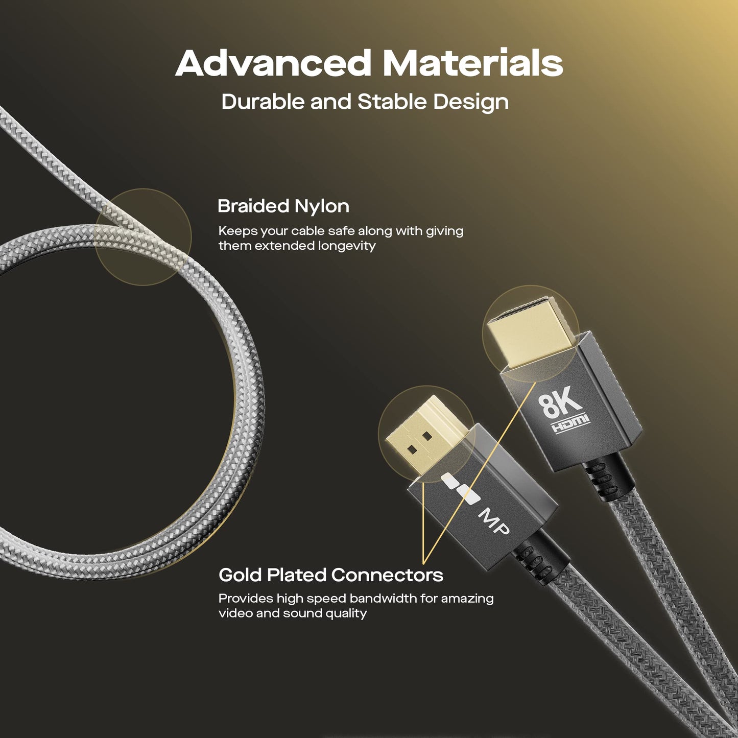 Mobile Pixels 8K HDMI Cable,6FT High-Speed HDMI Braided Cord with 8K@60HZ,48Gbps Compatible with 2K, 1080p for Blu-Ray Players. Game Consoles, Fire