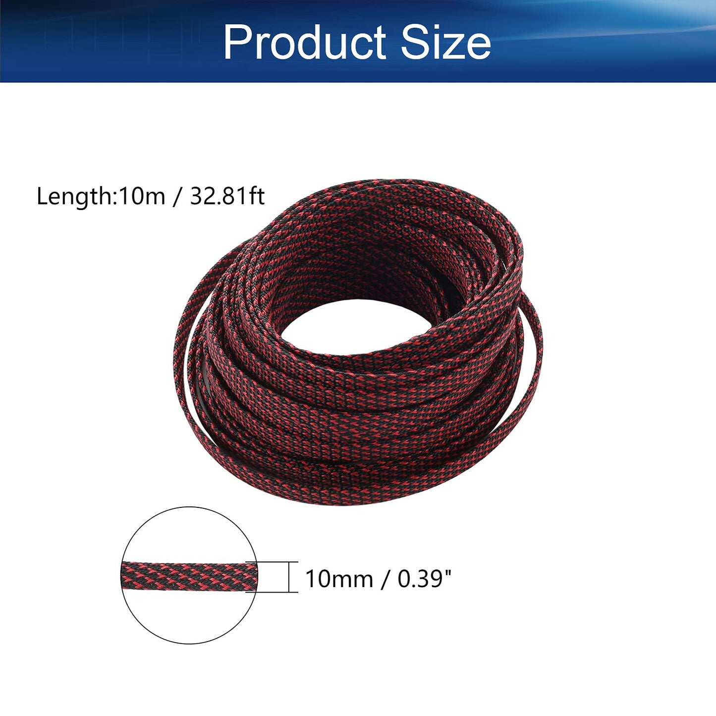 Bettomshin 1Pc 32.8Ft(10m) Cable Management Sleeve, 3/8"(10mm) Width PET Black & Red Cord Protector, Wire Loom Tube Insulated Split Sleeving for USB