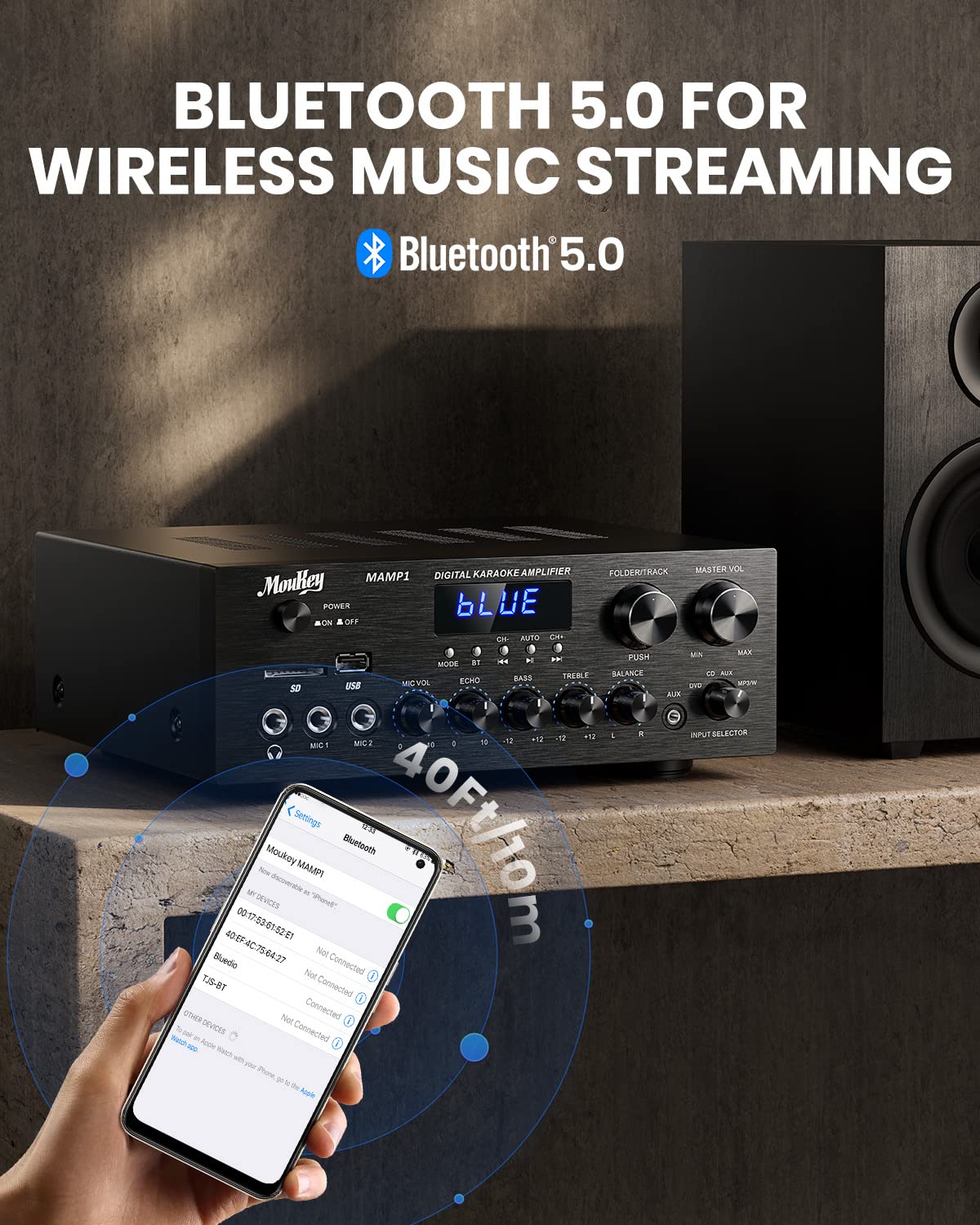 Moukey Stereo Receivers with Bluetooth 5.0, 2.0 Channel Power Audio Amplifier Stereo System w/USB, SD, AUX, RCA, MIC in w/Echo, LED for Karaoke, Home