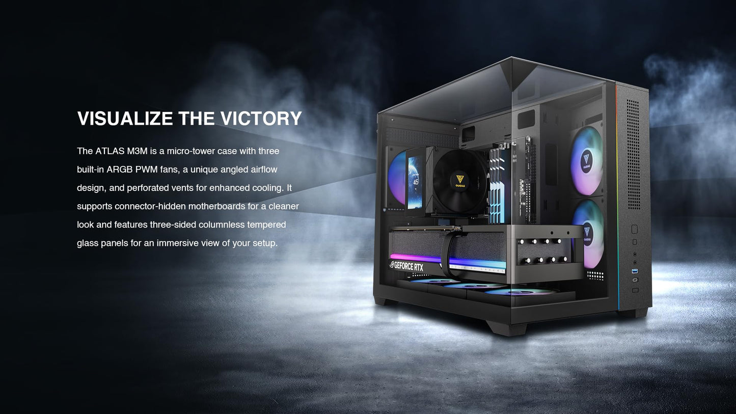 GAMDIAS Gaming Case Atlas M3M Three-Sided Tempered Glass, Built-in 3X 120mm ARGB PWM Case Fans, 400mm GPU/VGA, 360mm AIO/Radiator