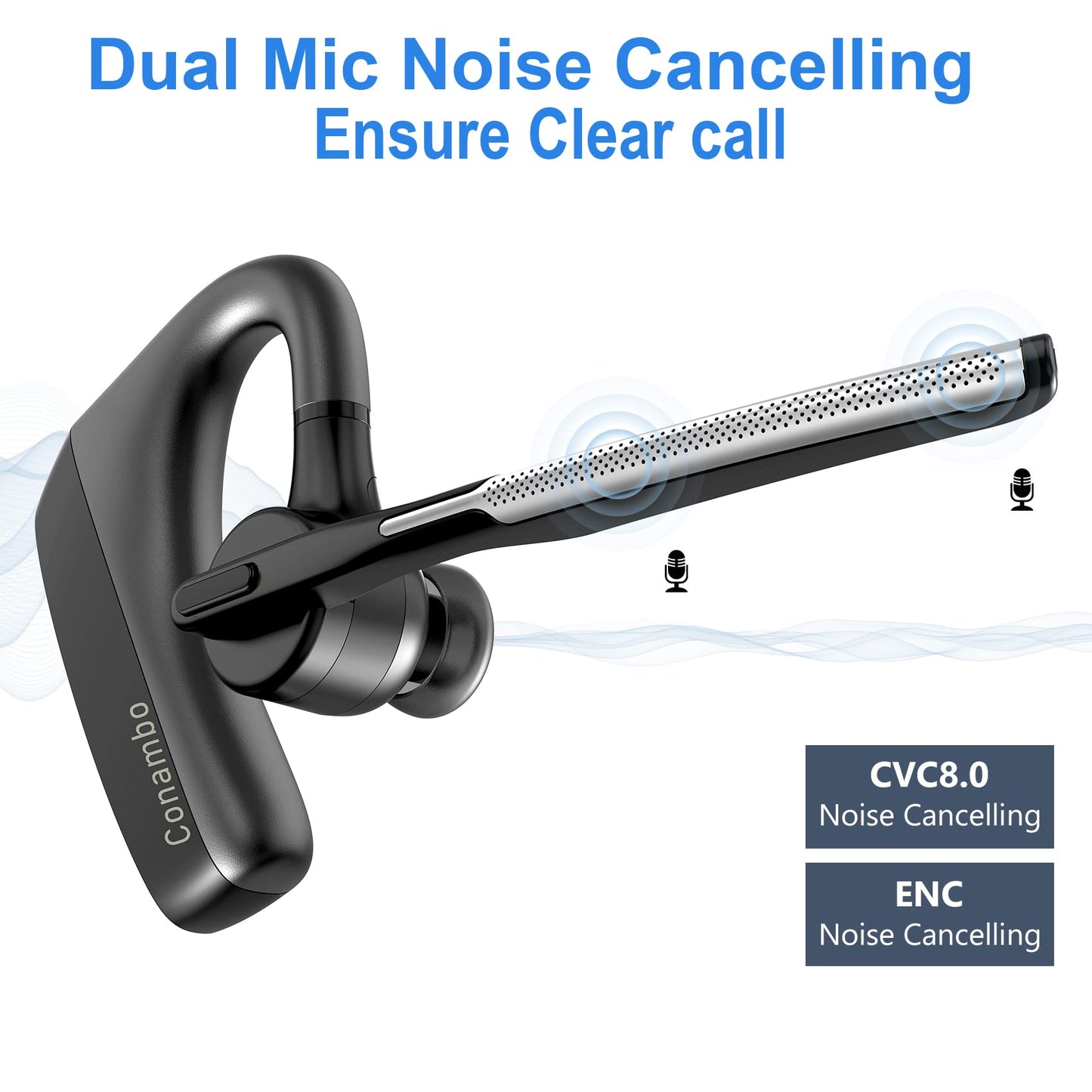 CONAMBO Bluetooth Headset V5.1, 16 Hrs HD Talktime CVC8.0 Dual Mic Noise Cancelling Hands Free Bluetooth Earpiece for Cell Phone iPhone Android