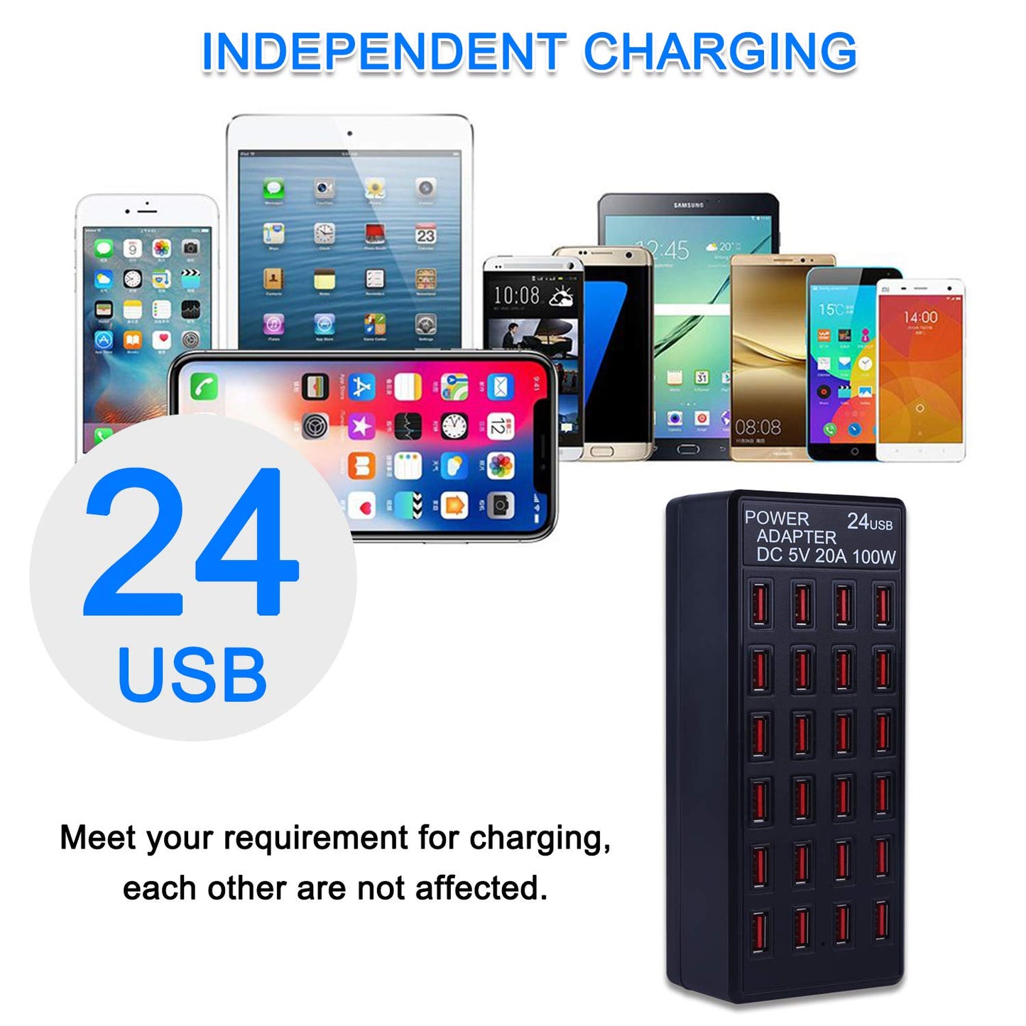 24-Port 100W (20 A) USB Charging Station, Home-Sized Desktop US? Fast Charger, Multiple USB Desktop Chargers for Hotels, Schools, Shops, Shopping